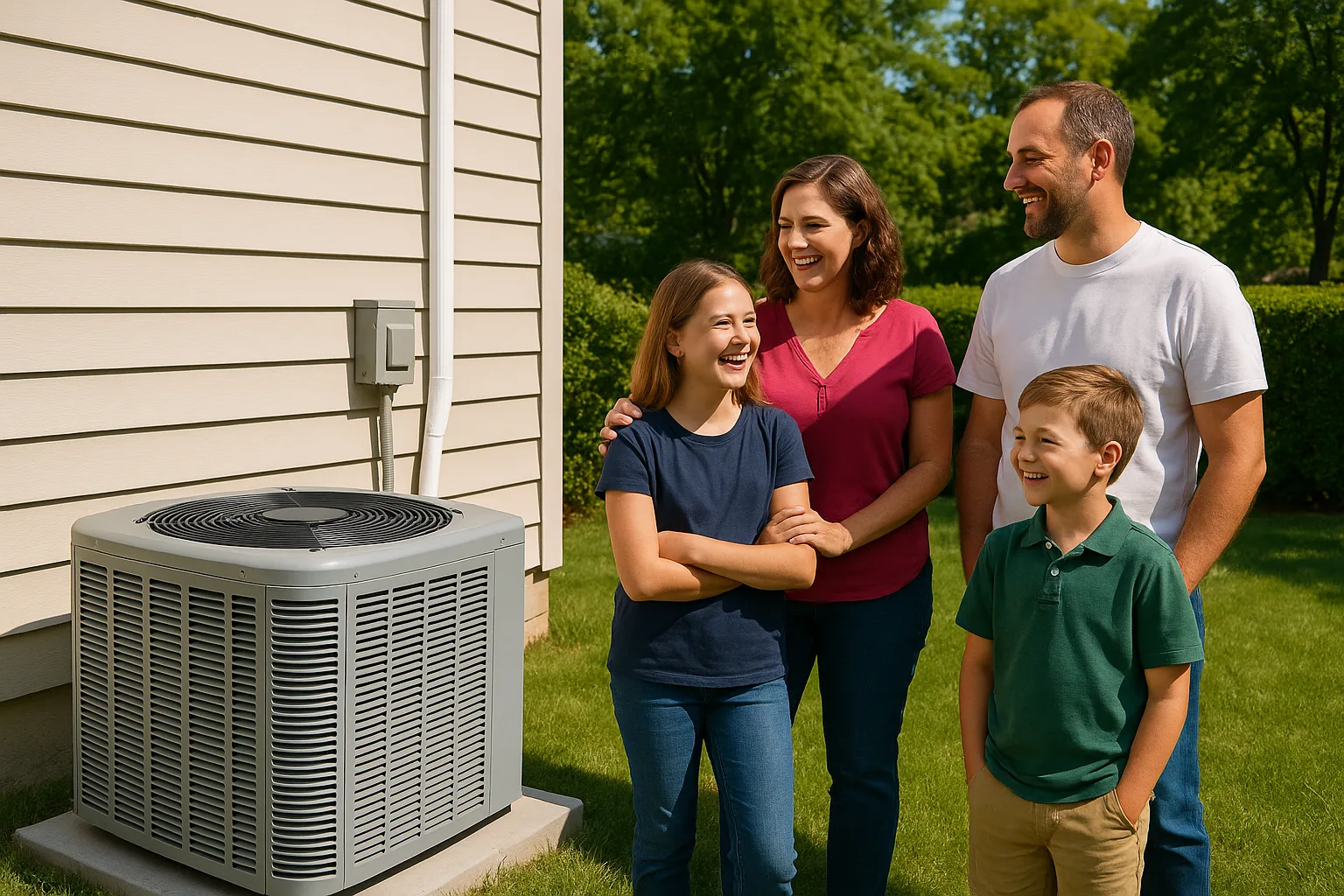 A family laughing together on the summer lawn beside their newly installed outdoor air conditioner condenser on a fresh concrete pad | Precision Air