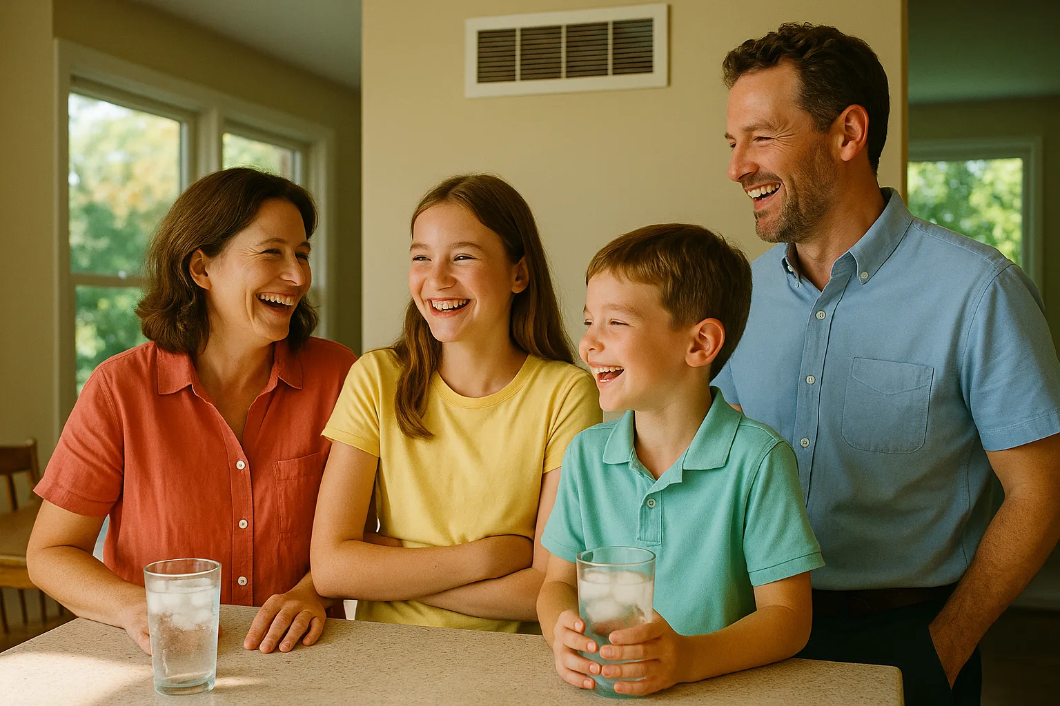 A family laughing in a cool kitchen on a hot summer day beneath an air conditioning supply register | Precision Air