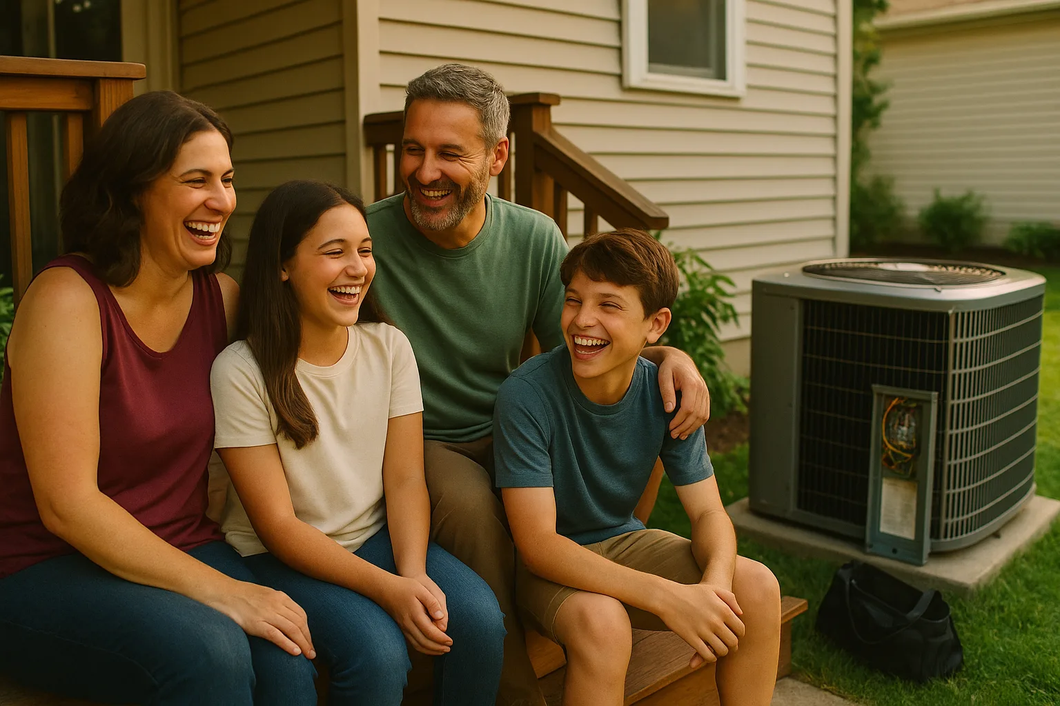 A family laughing together on their back deck steps beside an outdoor air conditioner condenser opened for service, its electrical panel off and a tool bag on the grass | Precision Air