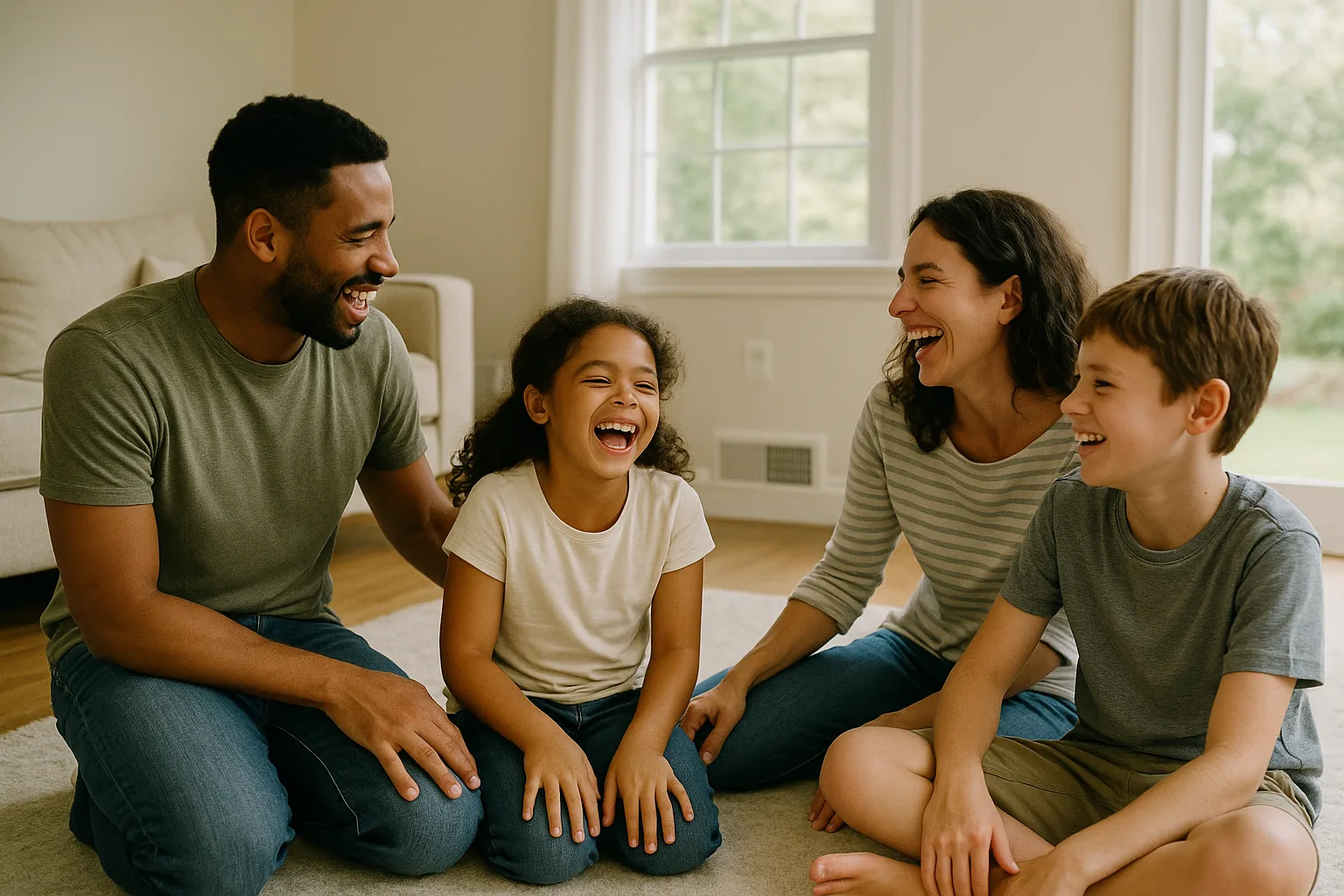 A family of four laughing together on the rug of a bright Chester County living room kept fresh by a whole-home air cleaning system | Precision Air