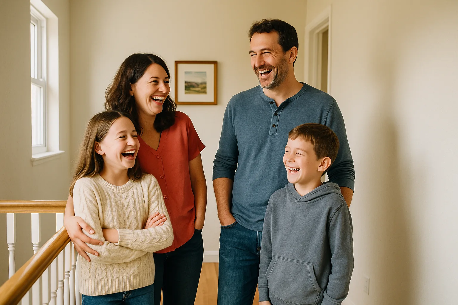 A family laughing together on the upstairs landing of their Chester County home | Precision Air