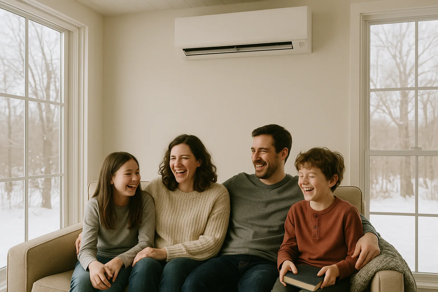 A family laughing together beneath a wall-mounted ductless mini-split head unit in a snowbound sunroom | Precision Air