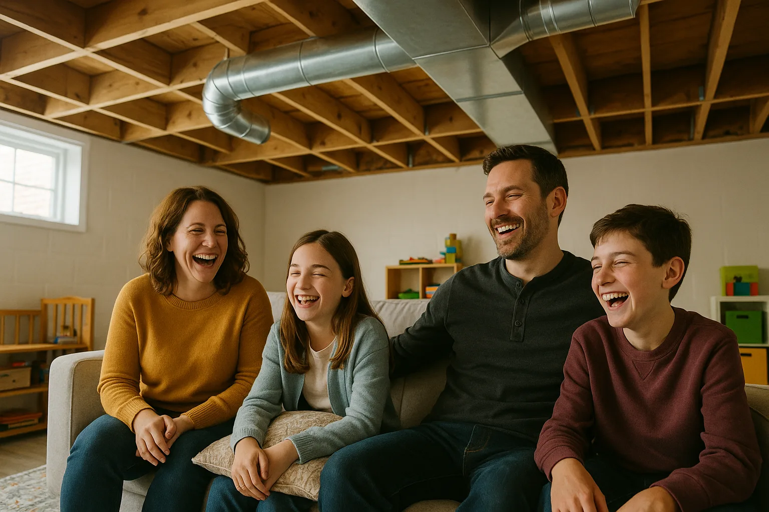 A family laughing together in their finished basement playroom, with a new galvanised trunk duct and branch take-offs running between the exposed ceiling joists overhead | Precision Air