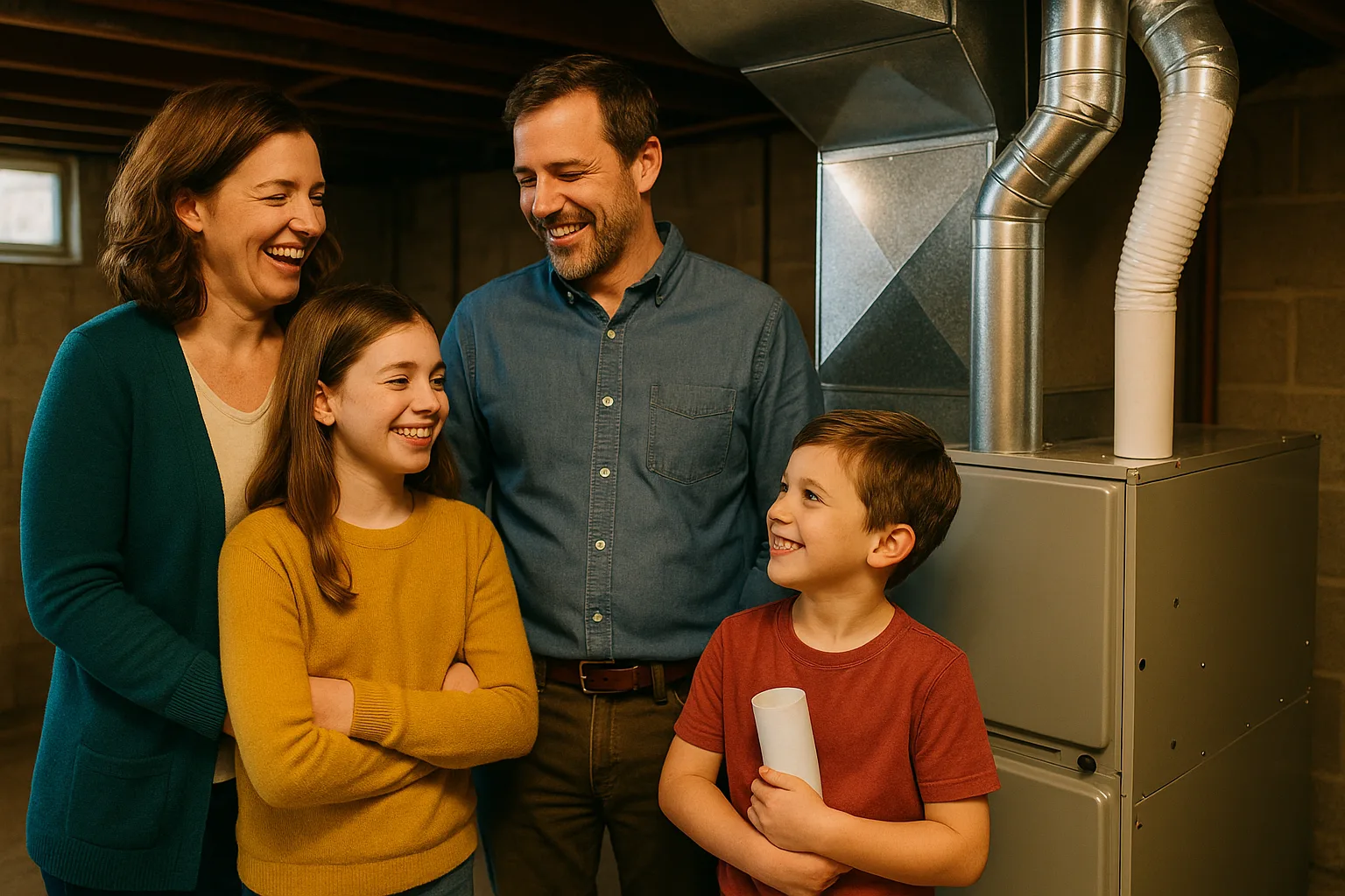 A family beside their newly installed gas furnace and bright new ductwork in a clean basement | Precision Air