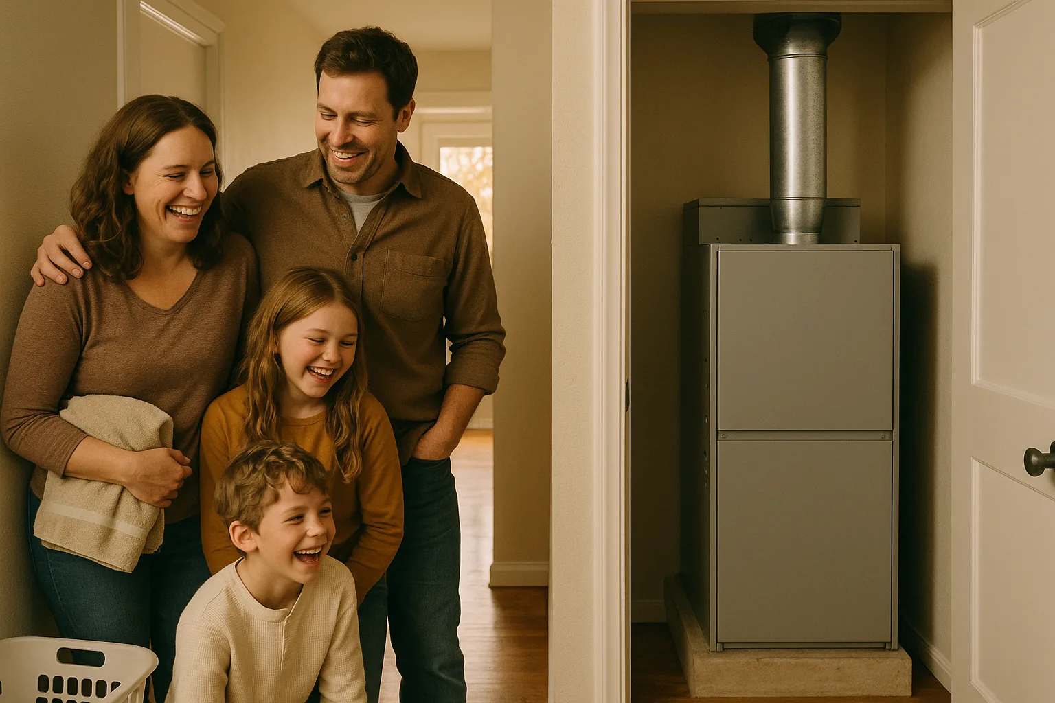 A family laughing in the hallway beside a well-kept furnace in an open utility closet | Precision Air