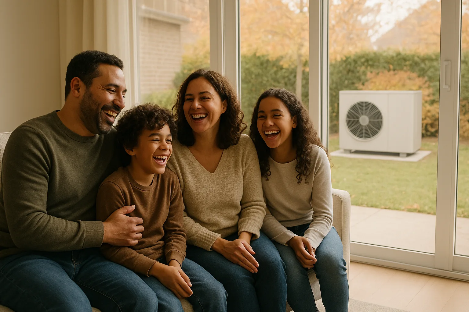 A family laughing indoors with their outdoor heat pump visible through the patio doors | Precision Air