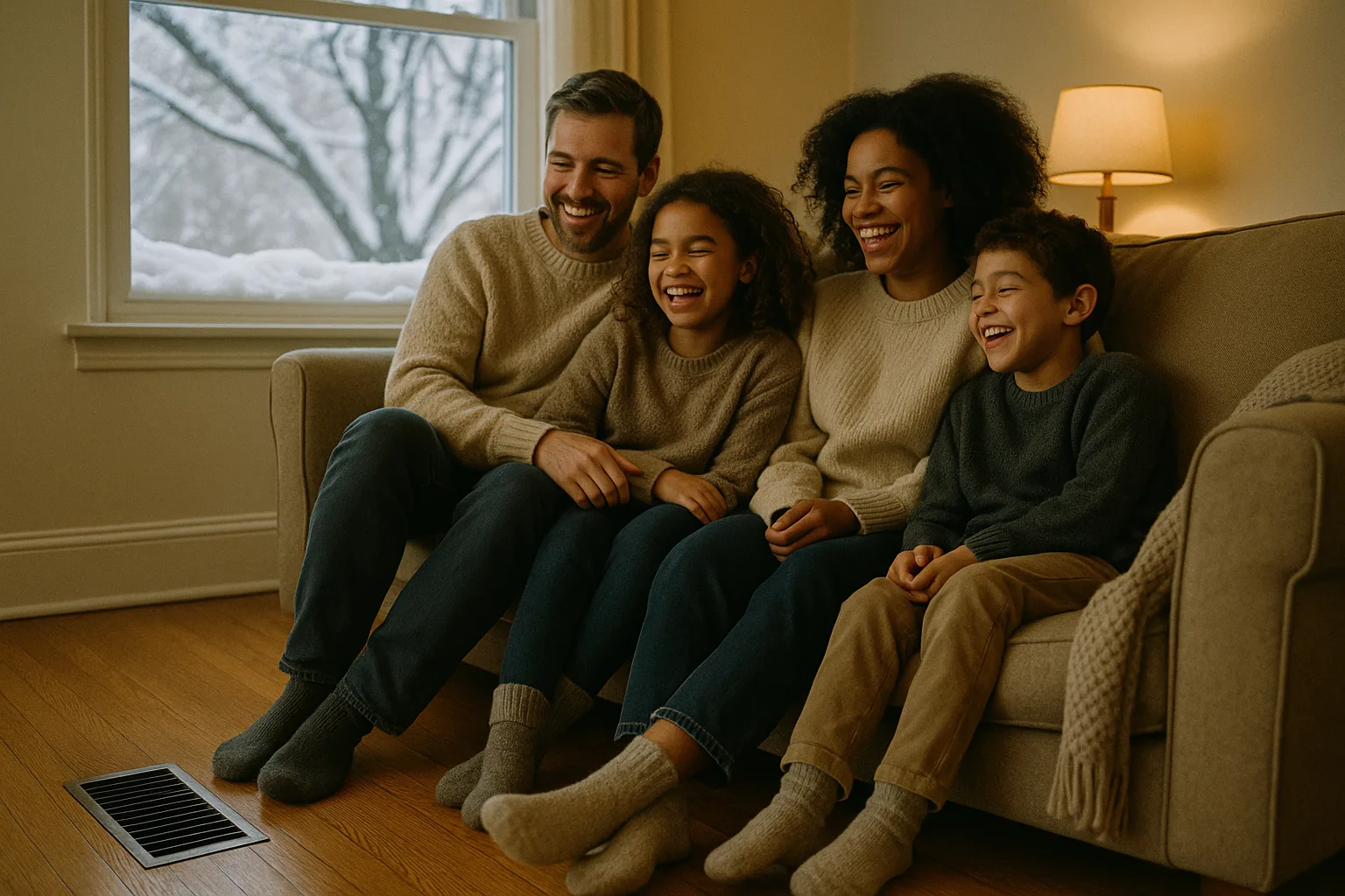 A family warm in thick socks on the sofa above a floor supply register with deep snow outside | Precision Air