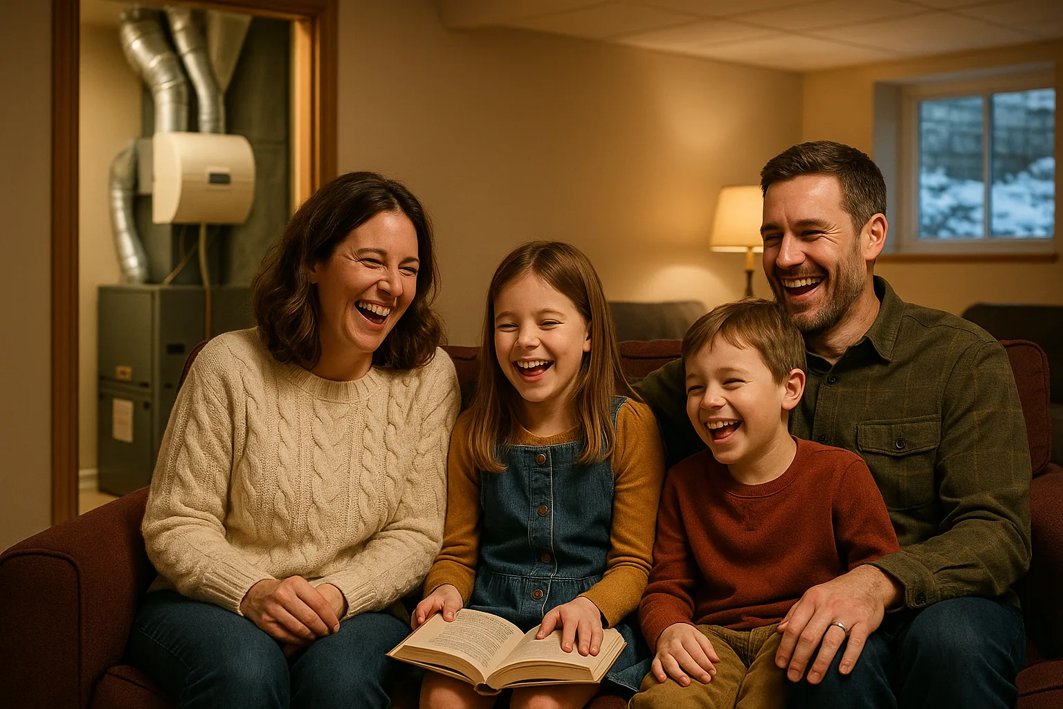 A family laughing together on the sofa of their finished basement family room, with the whole-home humidifier on the furnace plenum visible through the open doorway to the mechanical alcove | Precision Air