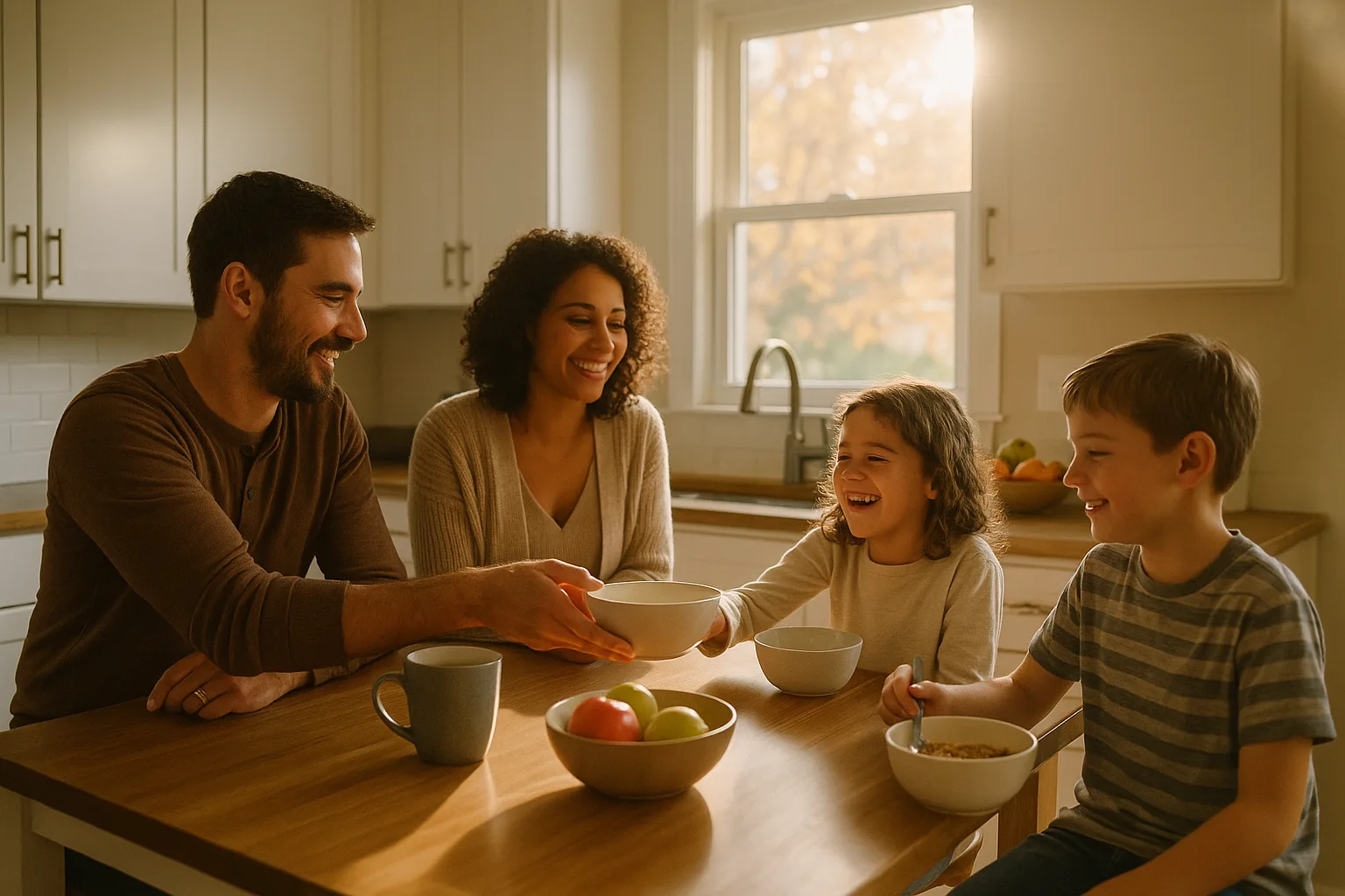A family at breakfast in a Chester County kitchen, hot water and comfort taken care of on a Comfort Club plan | Precision Air