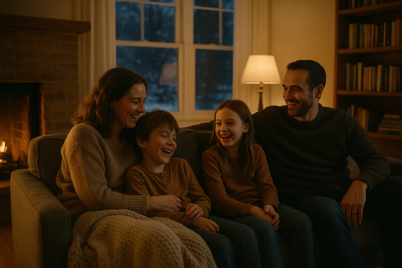 A family laughing together on the sofa in a warm living room on a snowy winter night, the heat back on after a furnace repair | Precision Air