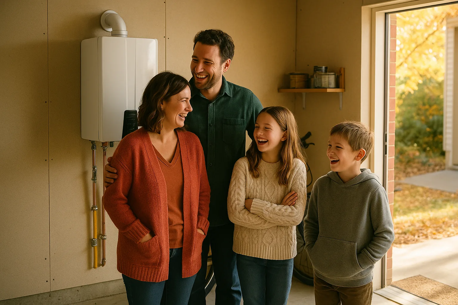 A family laughing together in their garage beside a wall-mounted tankless water heater with its vent pipe and gas connection | Precision Air