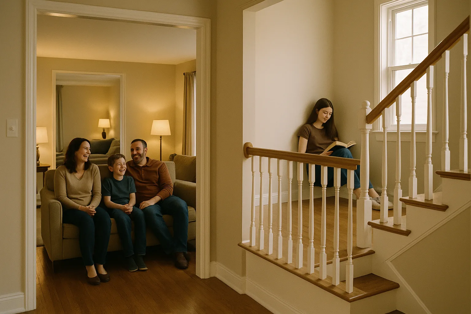 A family comfortable downstairs while their daughter reads on the landing above, both zones evenly heated | Precision Air