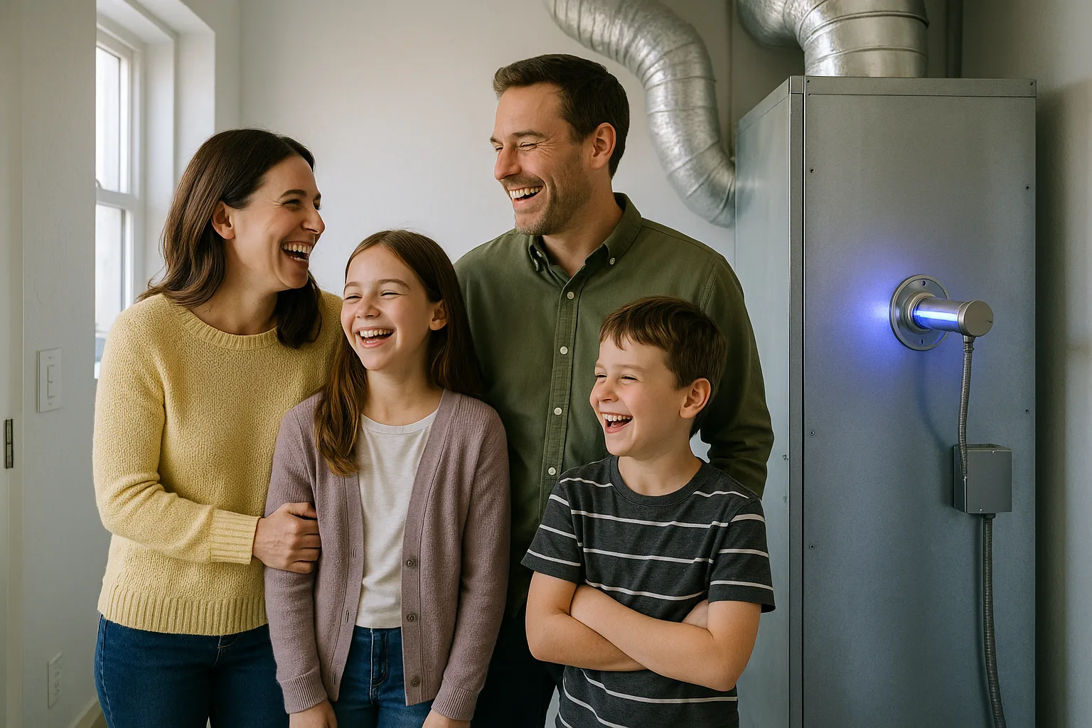 A family laughing together in their utility room beside a home air handler with a glowing germicidal UV lamp mounted through its panel | Precision Air