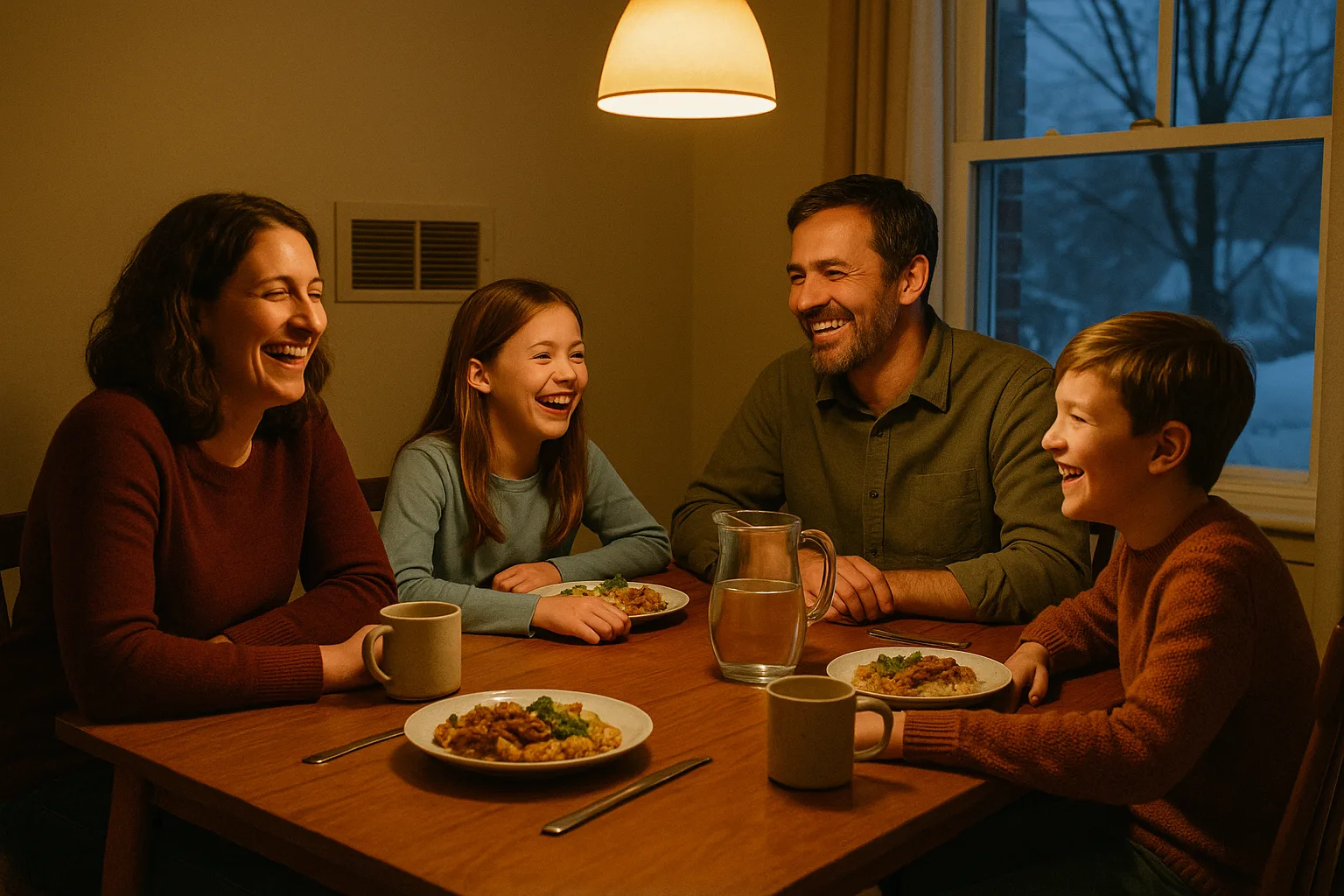 A family laughing over an evening meal beside a wall supply register with deep snow outside | Precision Air