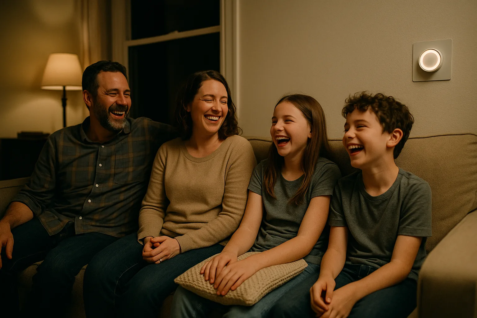 A family laughing on the sofa beside a round smart thermostat on the living room wall | Precision Air