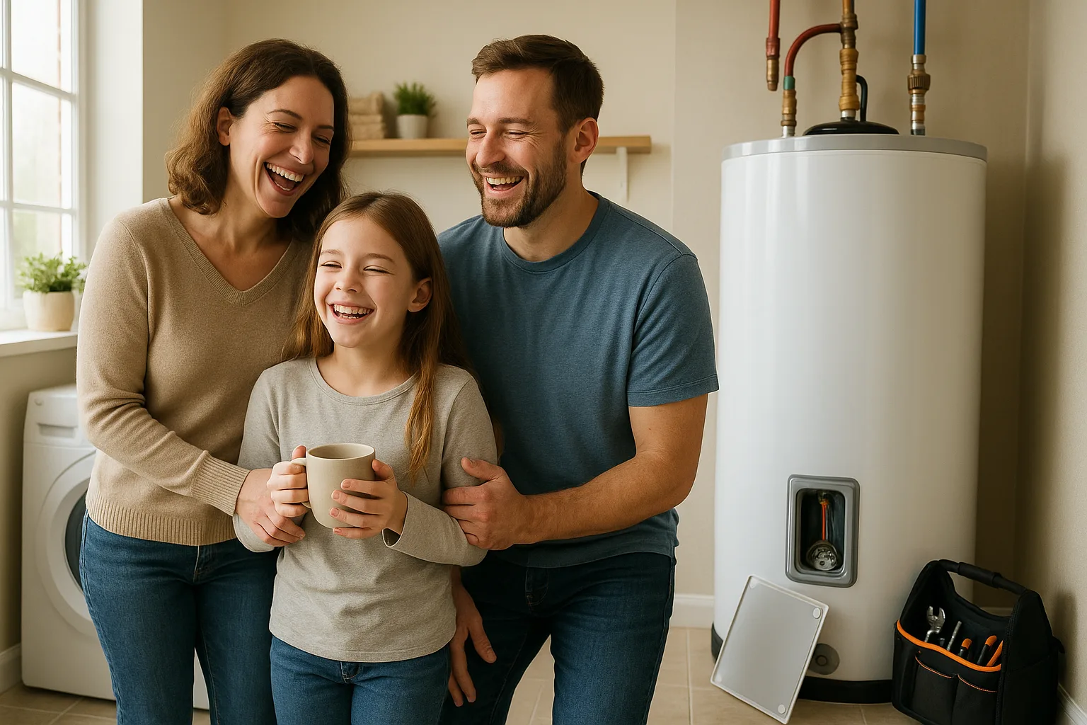 A family laughing together in their laundry room beside an electric tank water heater with its heating element access panel removed after a repair, hot water back on | Precision Air