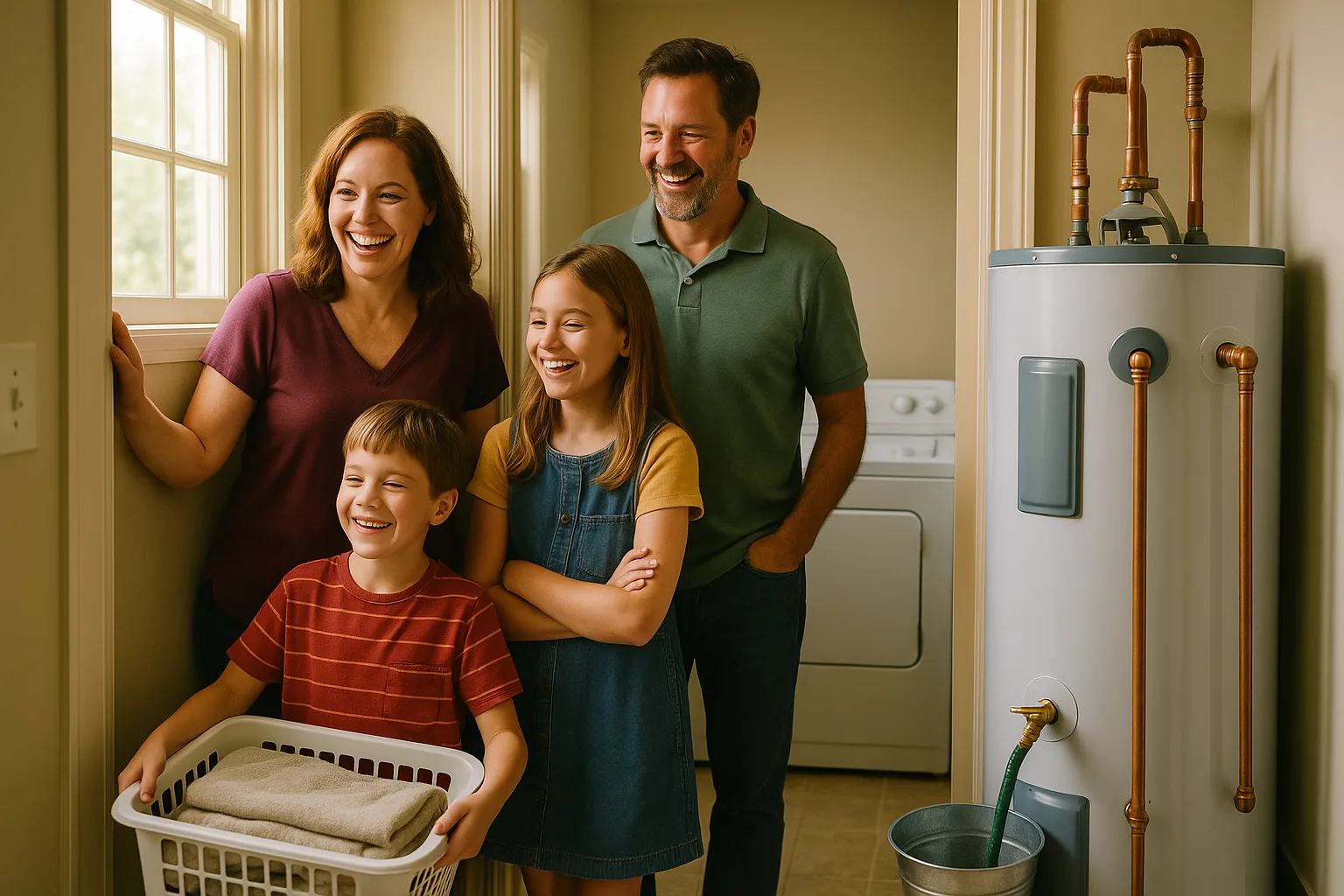 A family laughing in their laundry-room doorway beside a water heater with a flush hose running into a bucket | Precision Air