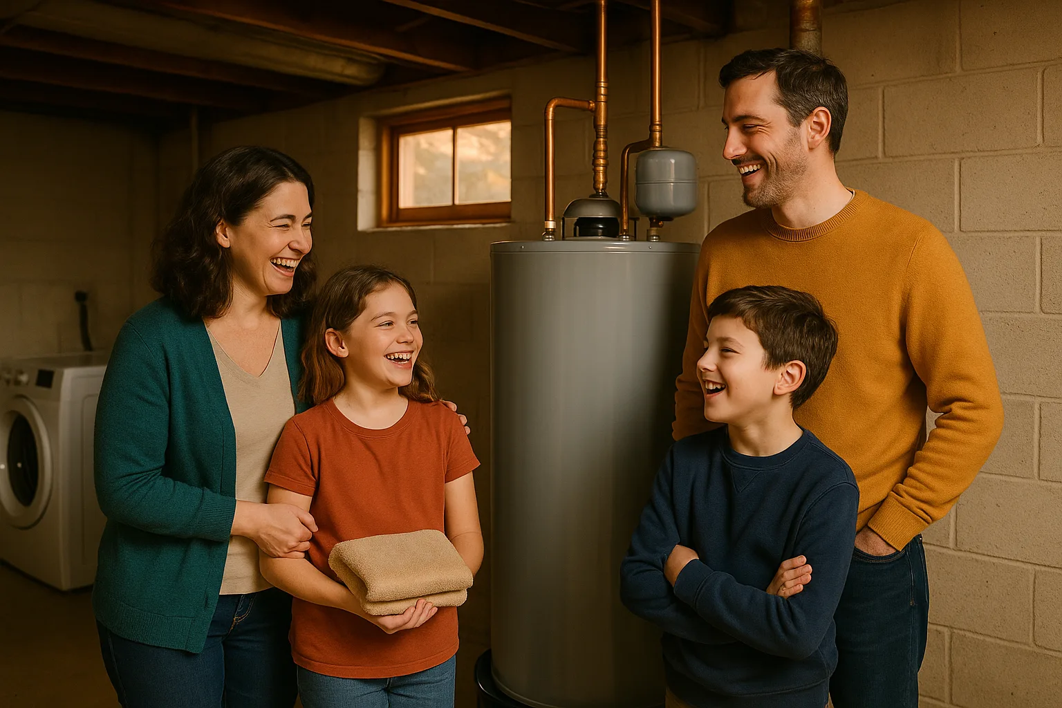 A family laughing together in their basement beside a newly installed tank water heater with copper pipes and an expansion tank | Precision Air