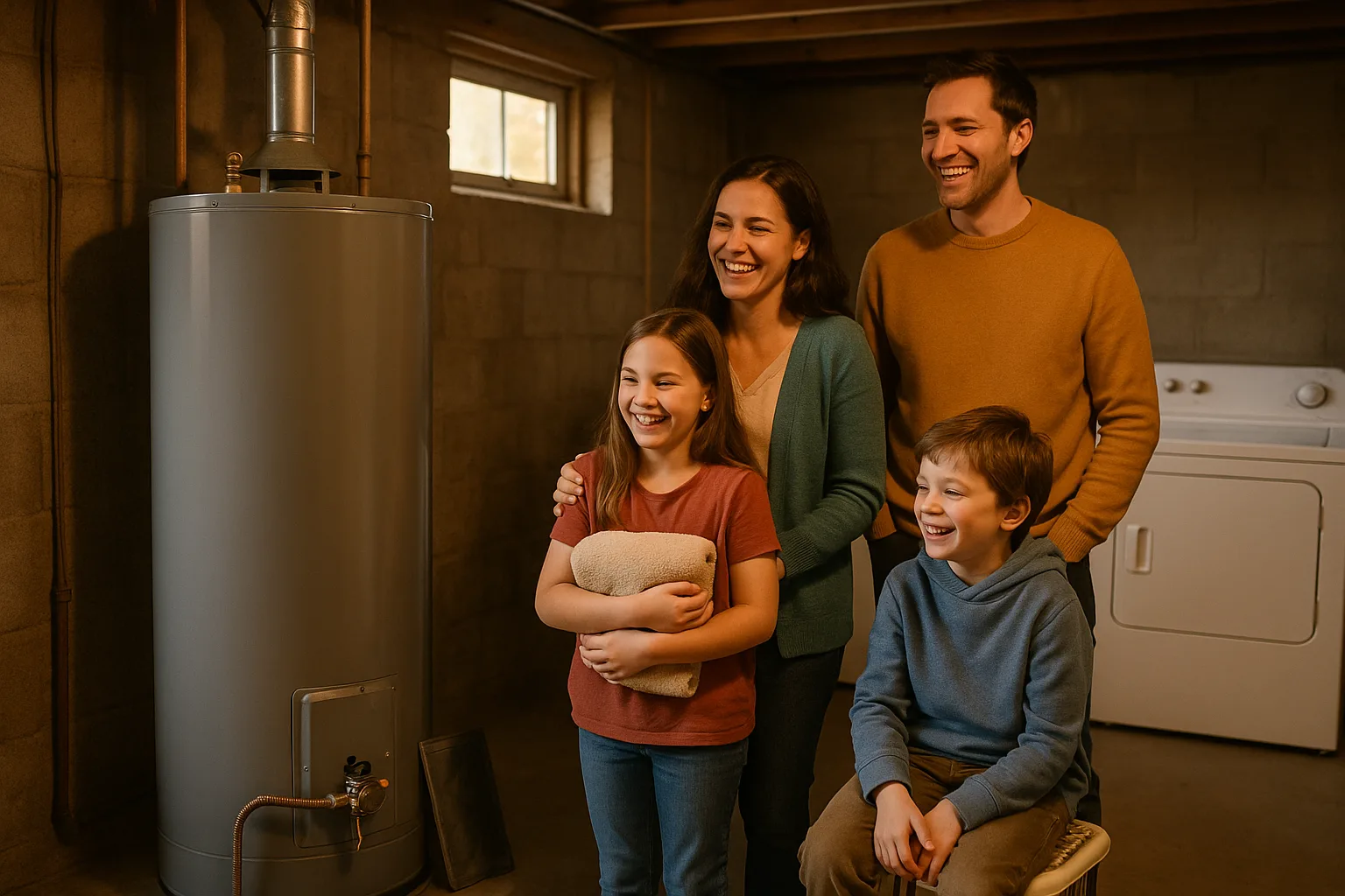 A family laughing together in their basement beside a gas tank water heater with its burner access cover removed and the gas control valve exposed after a repair | Precision Air
