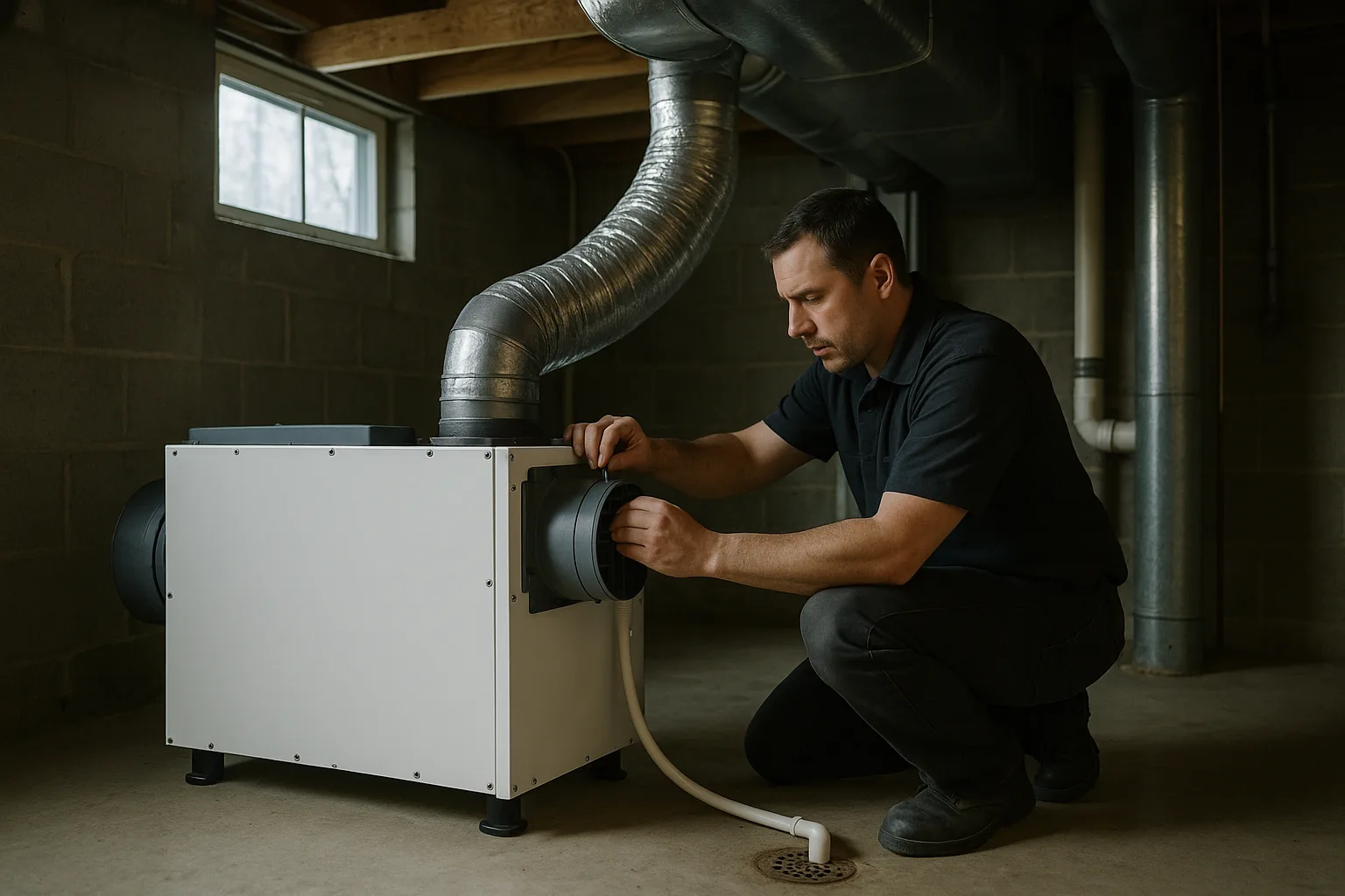 A Precision Air technician kneeling beside a whole-home ducted dehumidifier in a Chester County basement, connecting its insulated ductwork and condensate drain