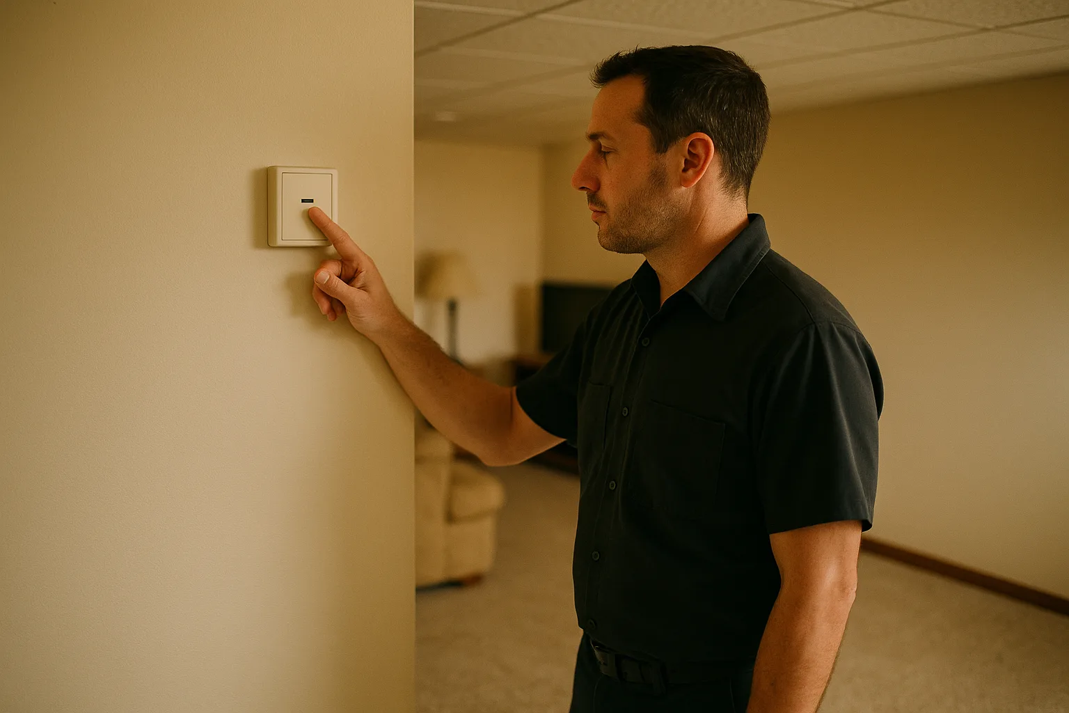 A Precision Air technician setting the target humidity on a wall-mounted humidistat in a finished Chester County basement