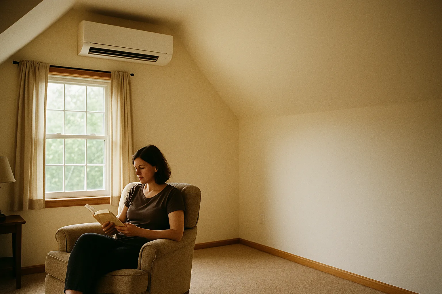 A finished attic room in a Chester County home kept comfortable by a newly installed ductless mini-split wall head | Precision Air
