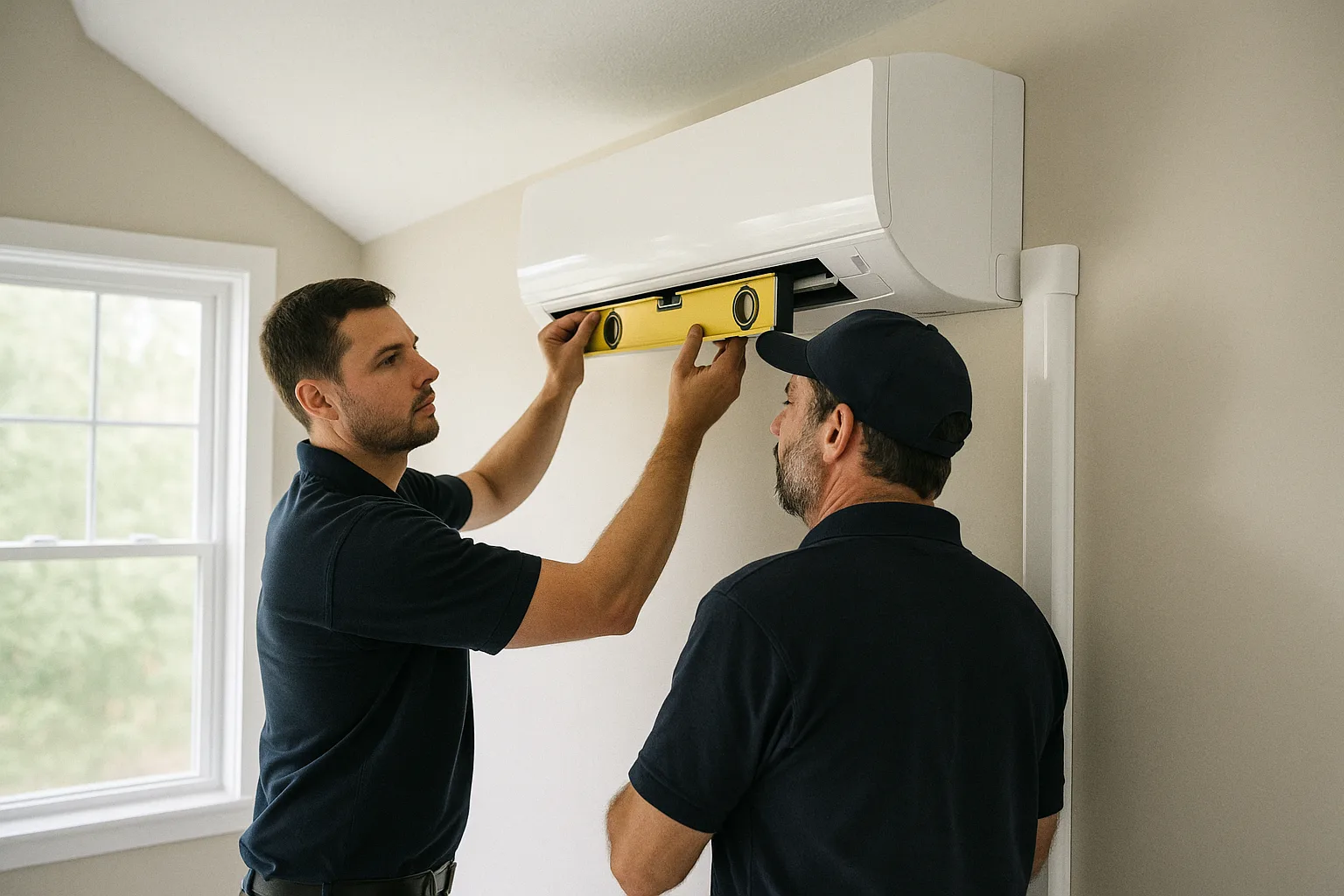 Two Precision Air installers mounting a new ductless mini-split indoor head on the wall of a finished bonus room in West Chester