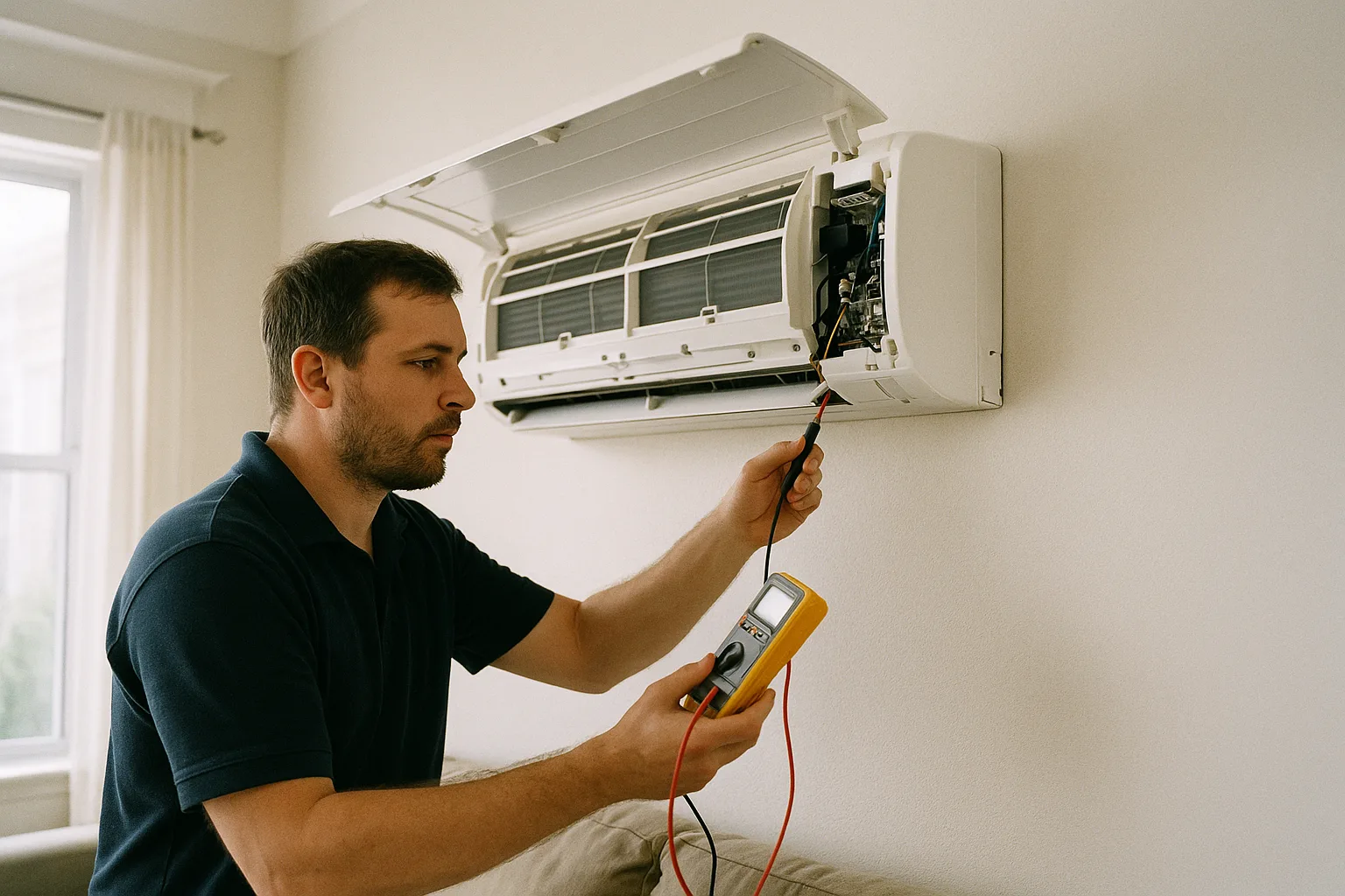 Precision Air technician testing the control board of an open wall-mounted ductless mini-split head in a West Chester living room