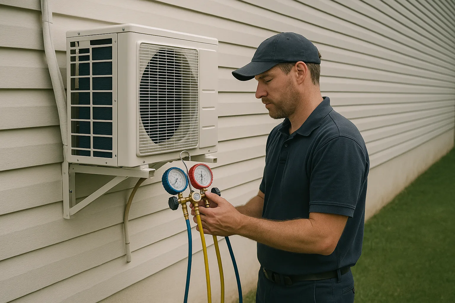 Precision Air technician checking refrigerant pressures with service gauges on a wall-mounted outdoor ductless mini-split condenser