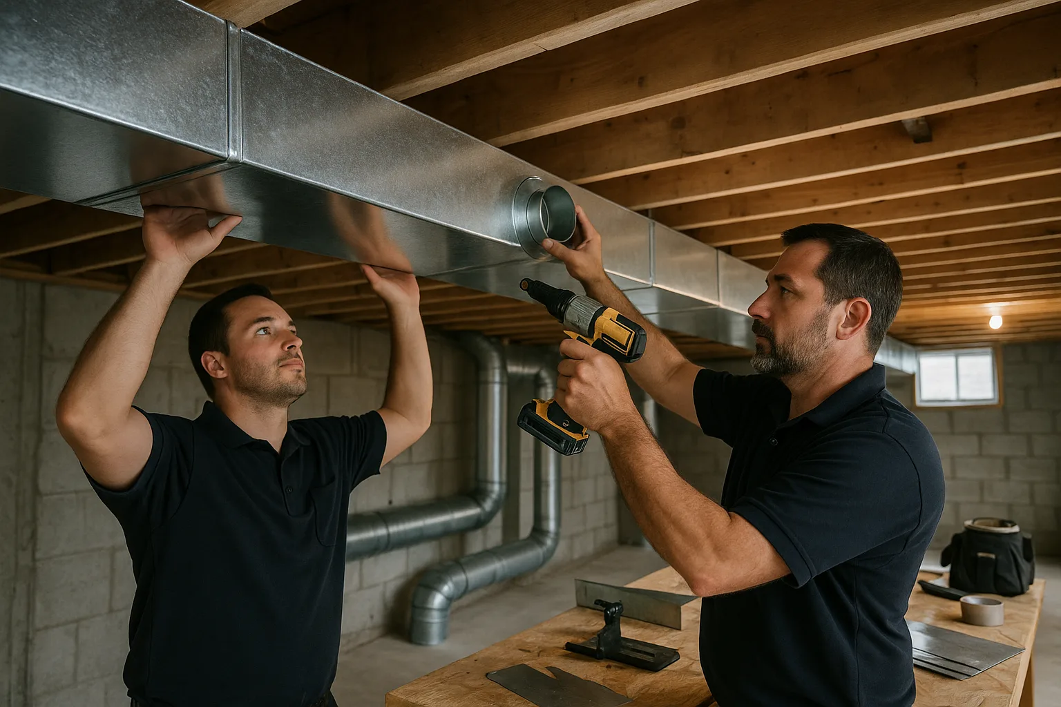 Precision Air installers assembling a new galvanised sheet-metal trunk duct and branch take-offs in a West Chester, PA basement