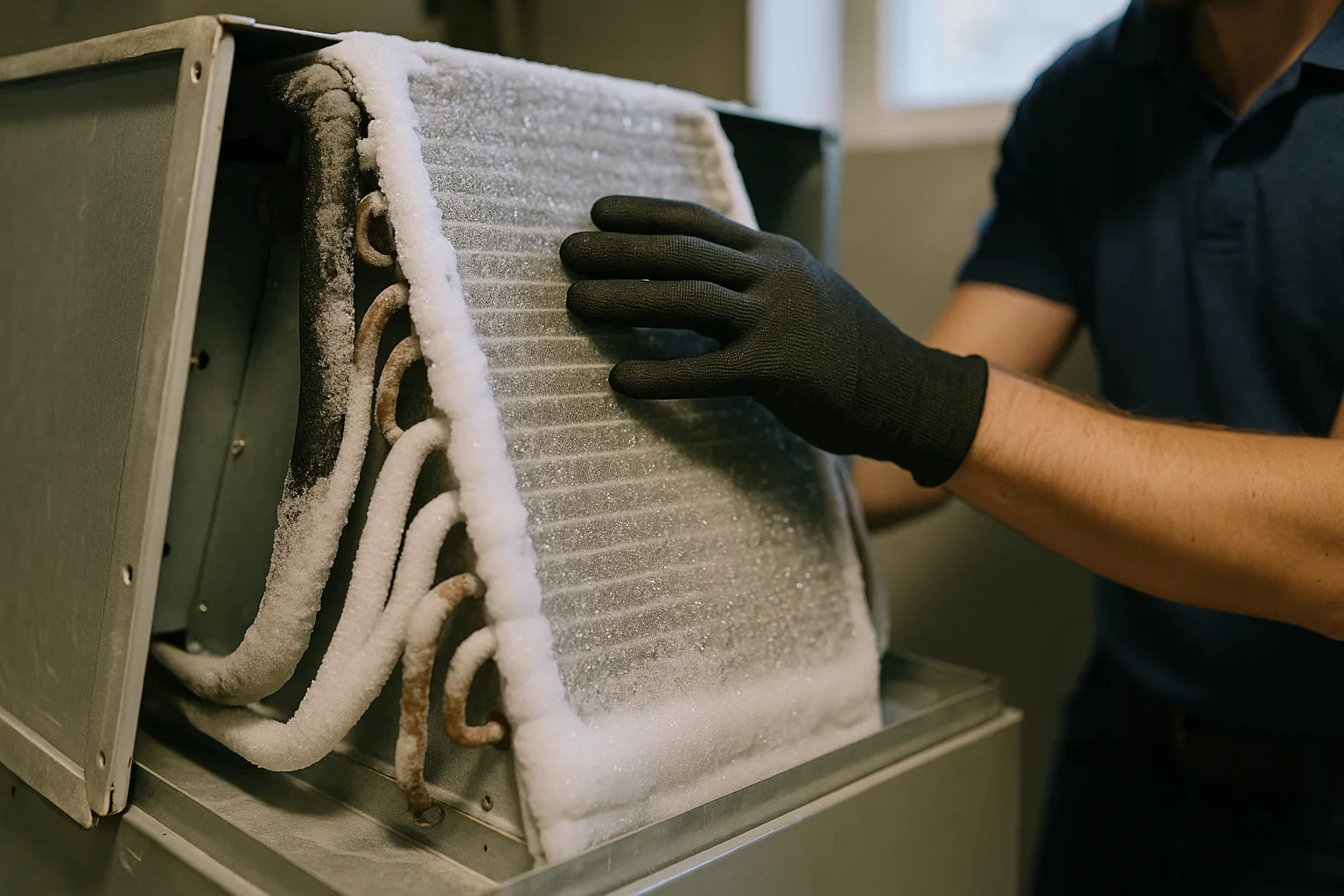 A Precision Air technician inspecting a heavily frozen indoor air conditioner evaporator coil, thick ice across the fins and the refrigerant line set