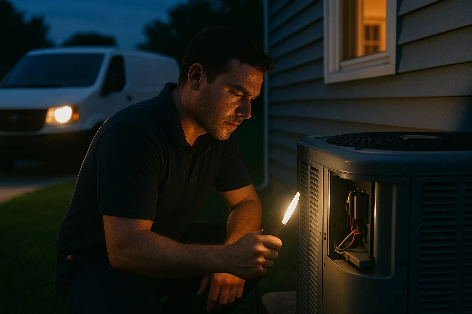 Precision Air technician working by work light at an opened outdoor air conditioner condenser at dusk during an emergency call in West Chester, PA