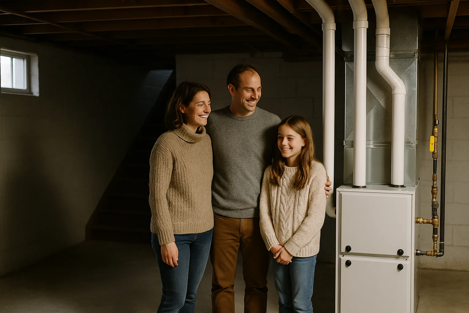 A smiling couple and their young daughter in their Chester County basement beside a newly installed white high-efficiency gas furnace with white PVC vent pipes | Precision Air