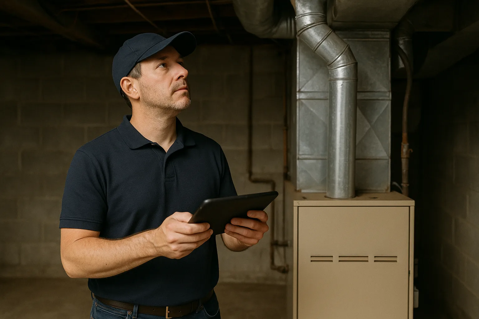 Precision Air project manager with a tablet checking the flue and ductwork above an older gas furnace in a Chester County basement before quoting its replacement