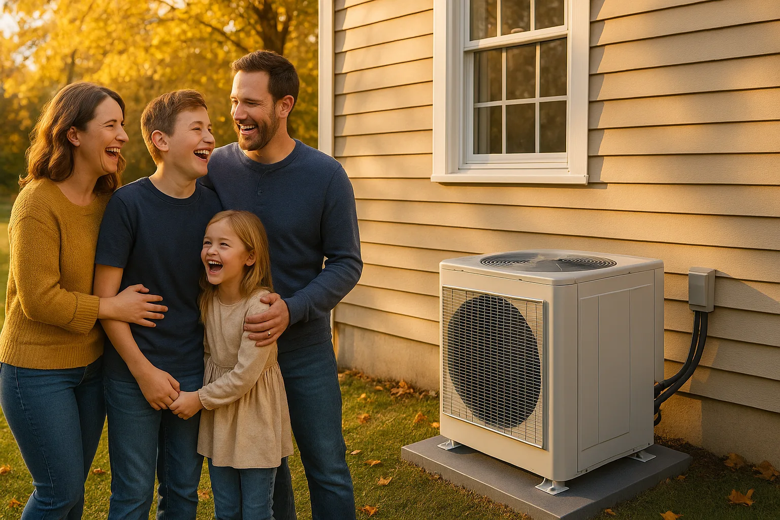 A family of four laughing together in their autumn backyard beside a newly installed heat pump outdoor unit on a fresh pad against the siding of their Chester County home | Precision Air
