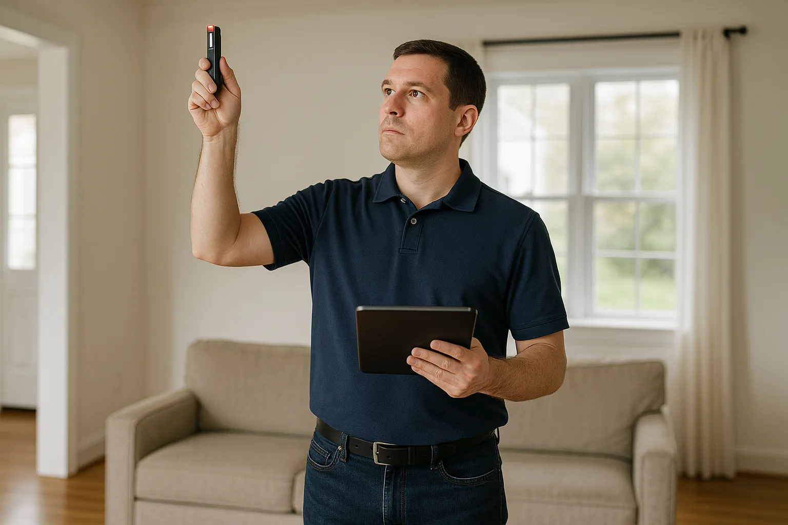 Precision Air project manager measuring a living room ceiling with a laser measure and a tablet for a heat pump load calculation