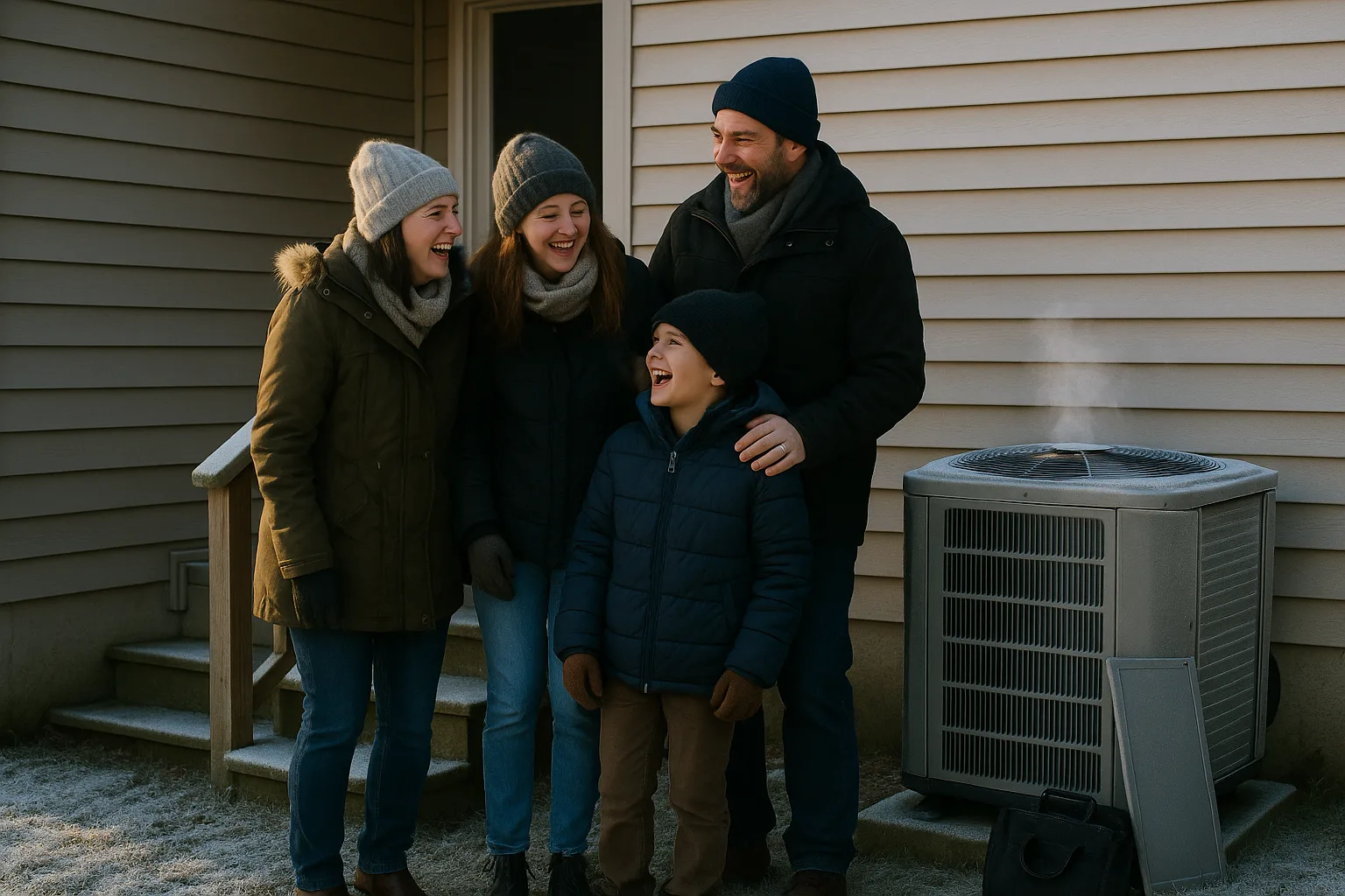 A family in winter coats laughing on their back steps on a frosty morning beside an outdoor heat pump, its service panel off, a tool bag on the grass and steam rising from its defrost cycle | Precision Air