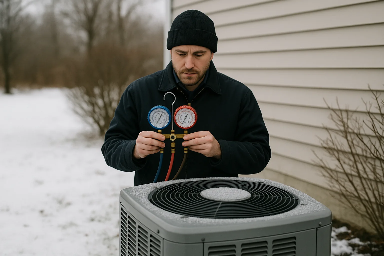 Precision Air technician in a winter hat reading refrigerant pressures on a manifold gauge set above a frosted outdoor heat pump beside a Chester County home