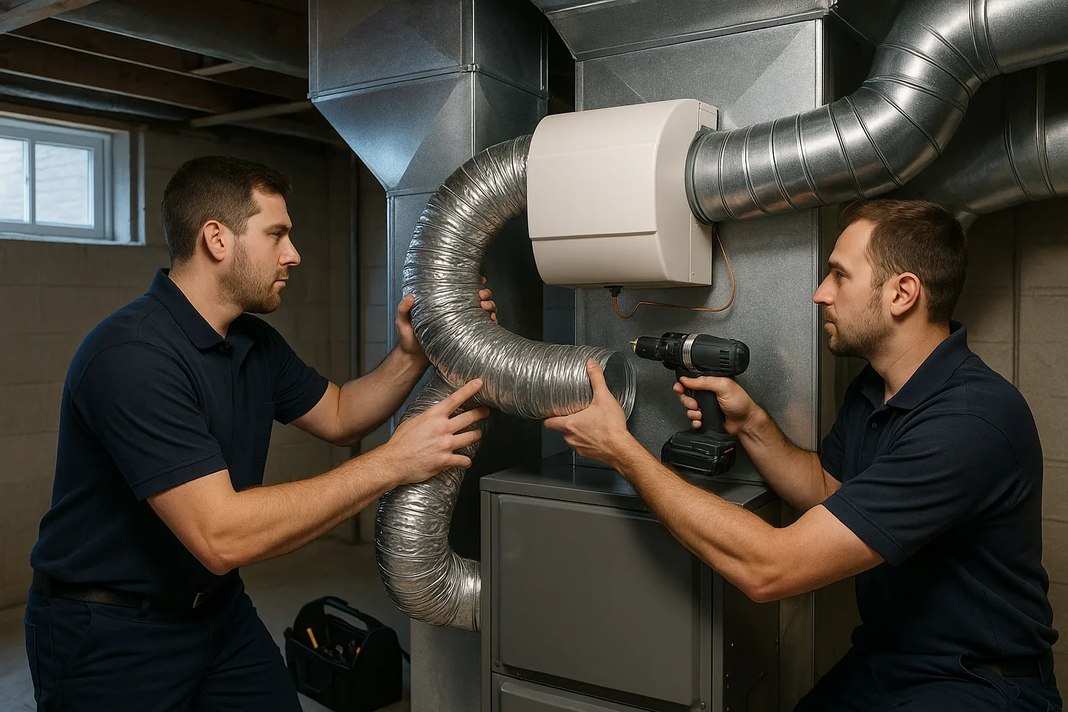 Precision Air technicians mounting a whole-home bypass humidifier on the supply plenum of a furnace in a West Chester, PA basement
