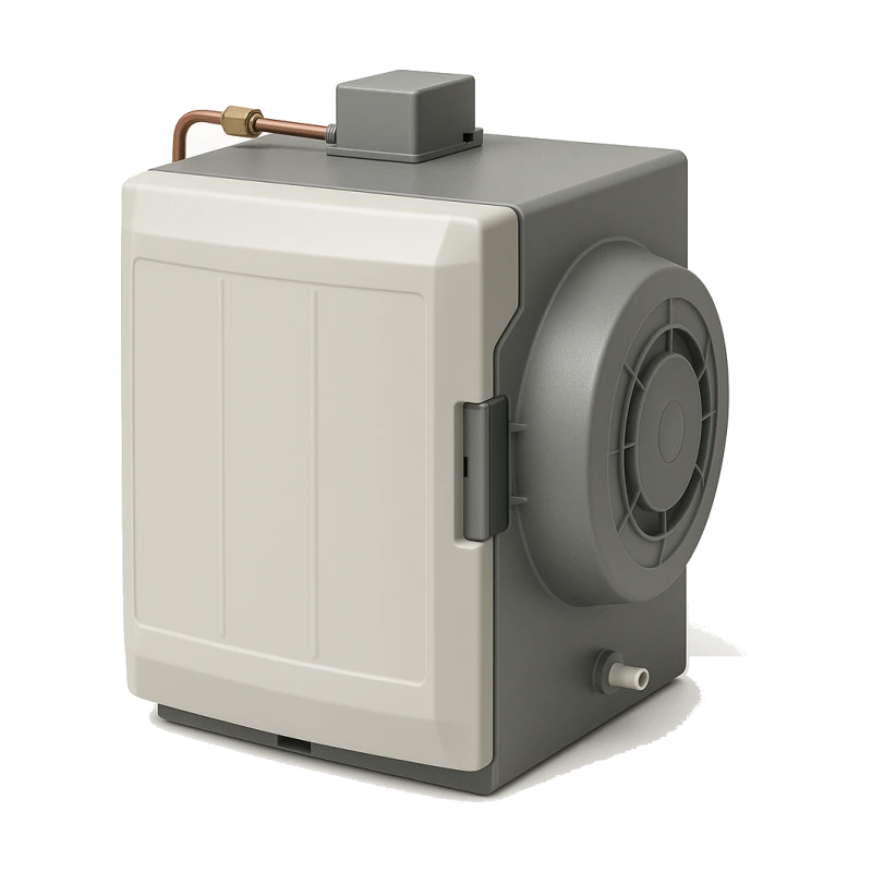 Fan-powered whole-home furnace humidifier with its side fan housing | Precision Air