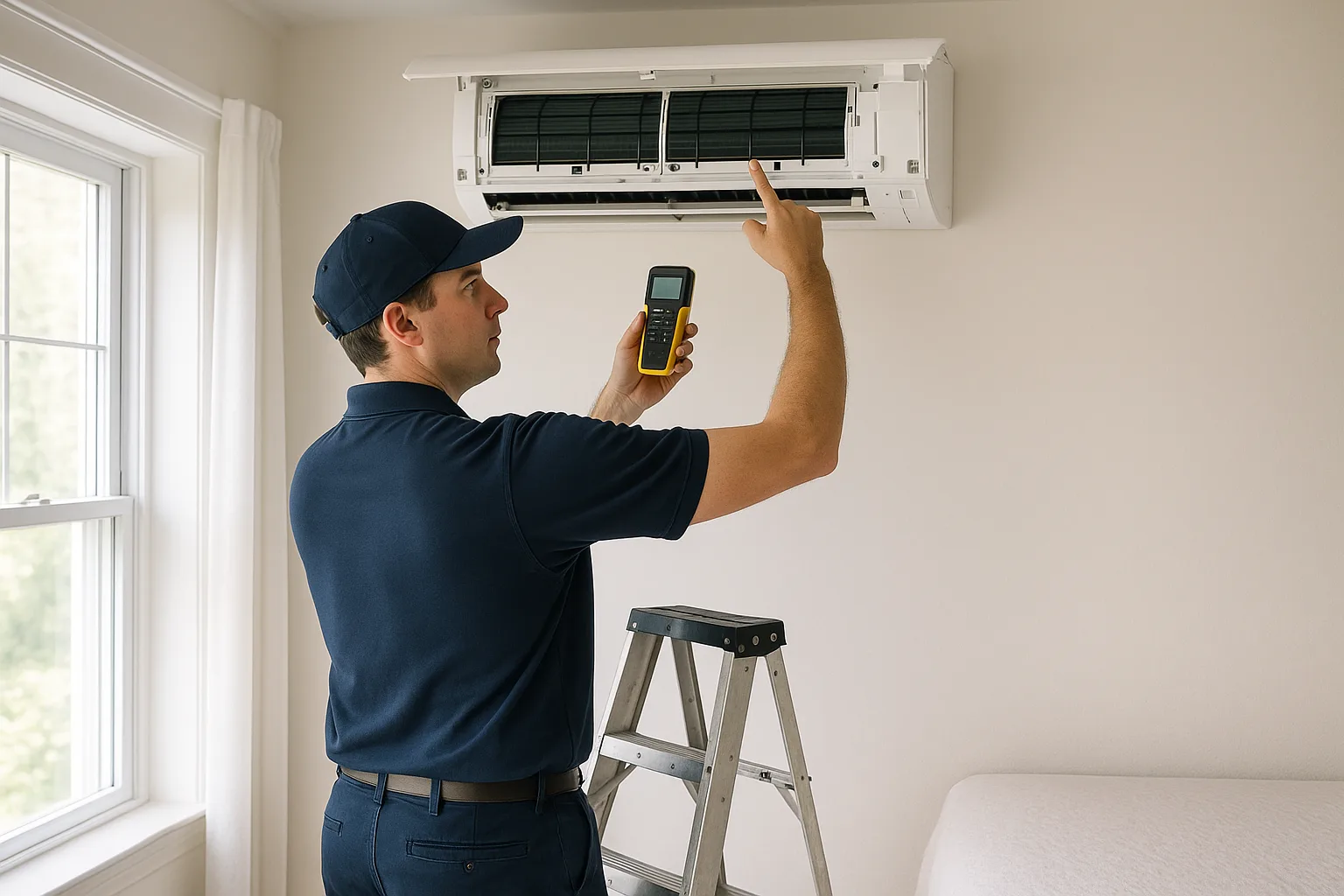 Precision Air technician reading an error code from an open wall-mounted ductless mini-split head with a handheld meter