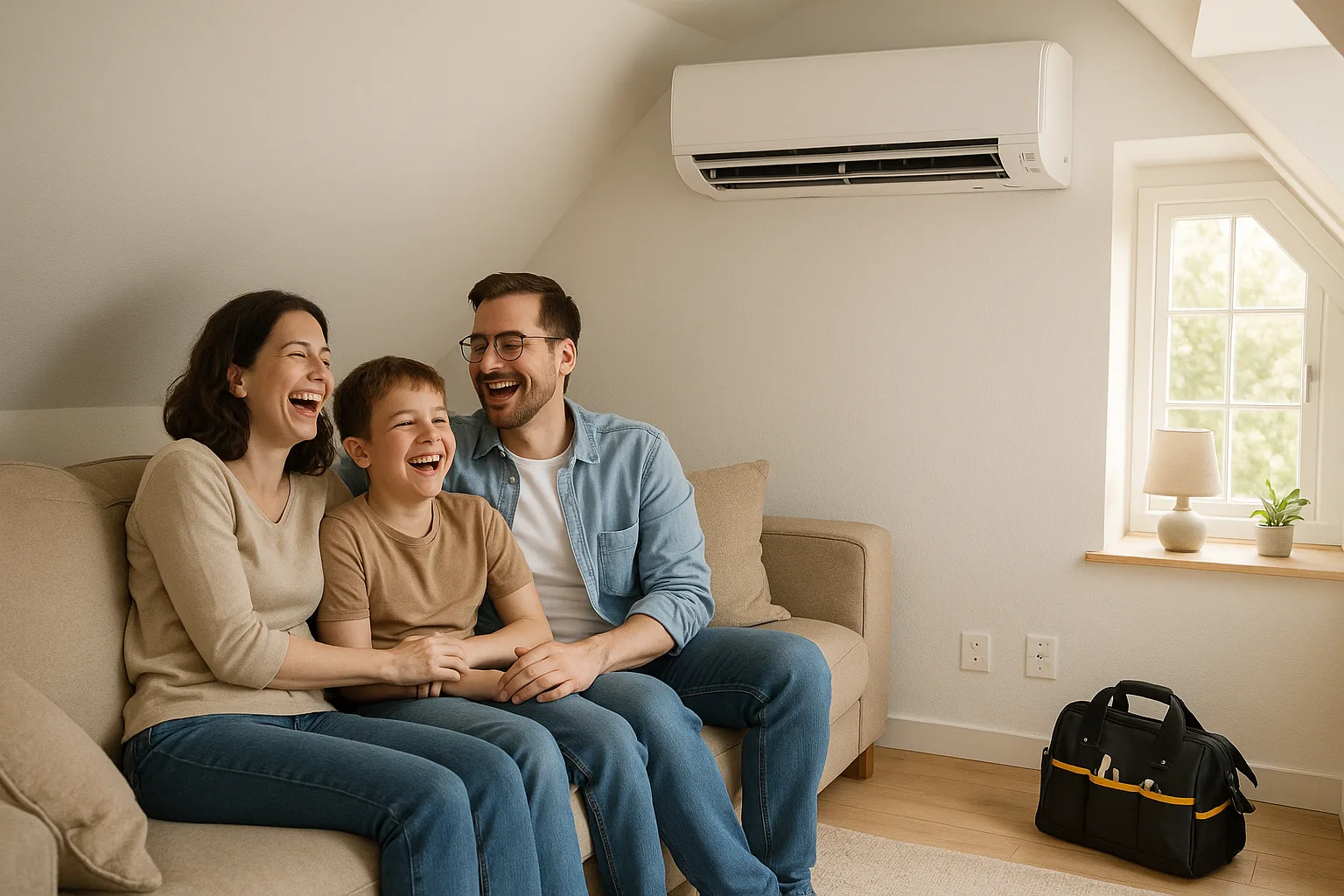 A family of three laughing together on a sofa in a finished attic room beneath a wall-mounted ductless mini-split head, the room cool again after a repair | Precision Air