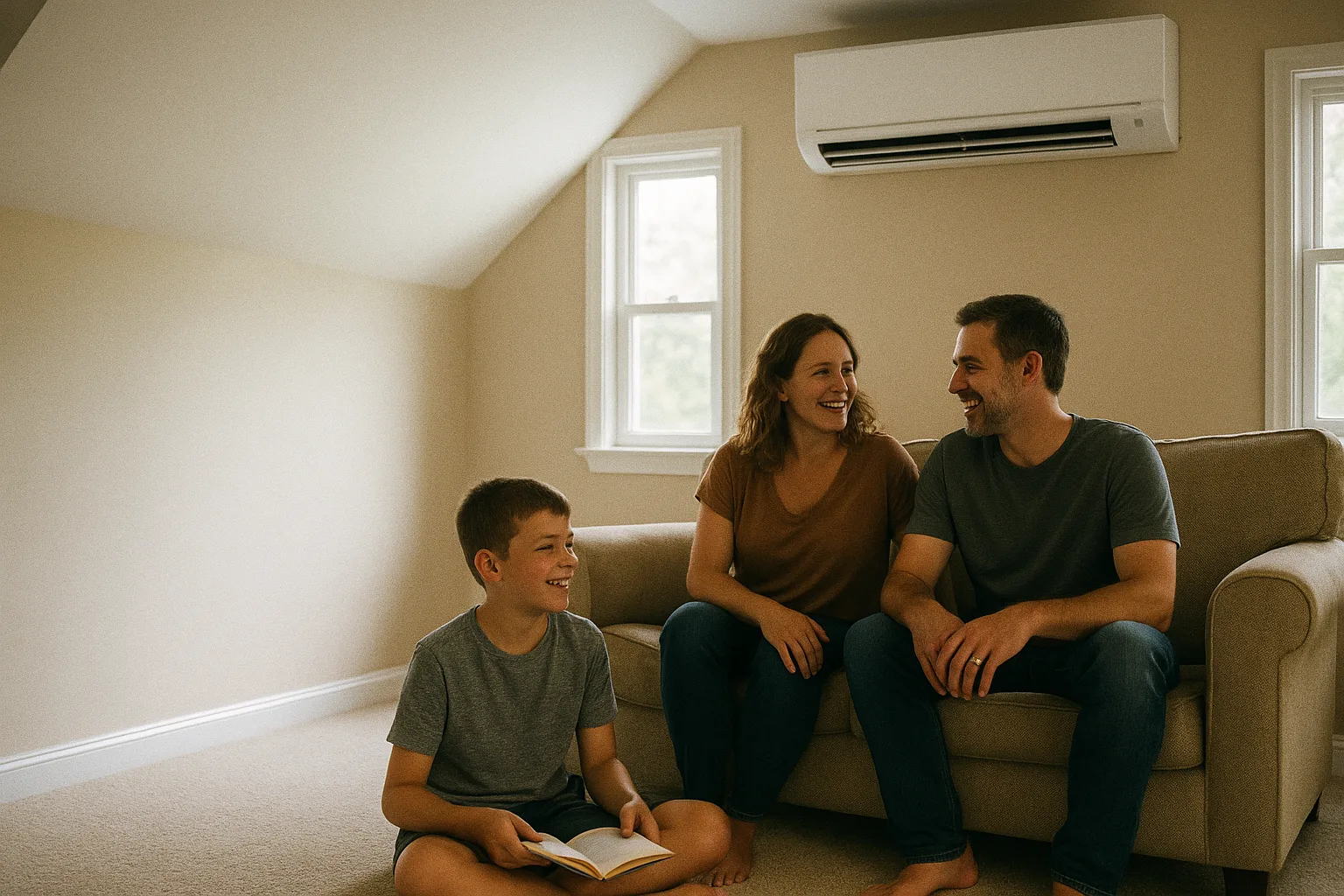 A Chester County family relaxing in a bonus room over the garage beneath a newly installed ductless mini-split wall unit | Precision Air