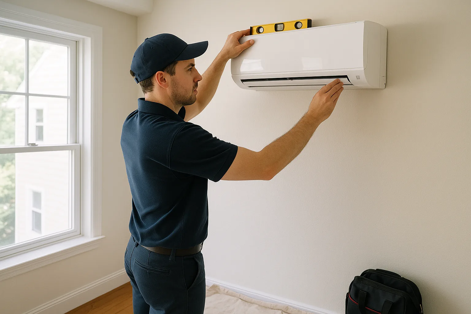 Precision Air technician levelling a new ductless mini-split indoor head on its wall mounting plate in a Chester County bedroom