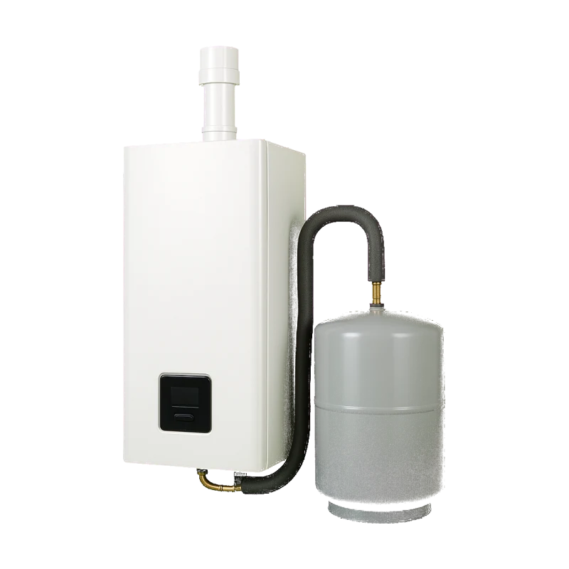 Condensing hybrid tankless water heater paired with a small buffer tank and insulated connecting pipework | Precision Air