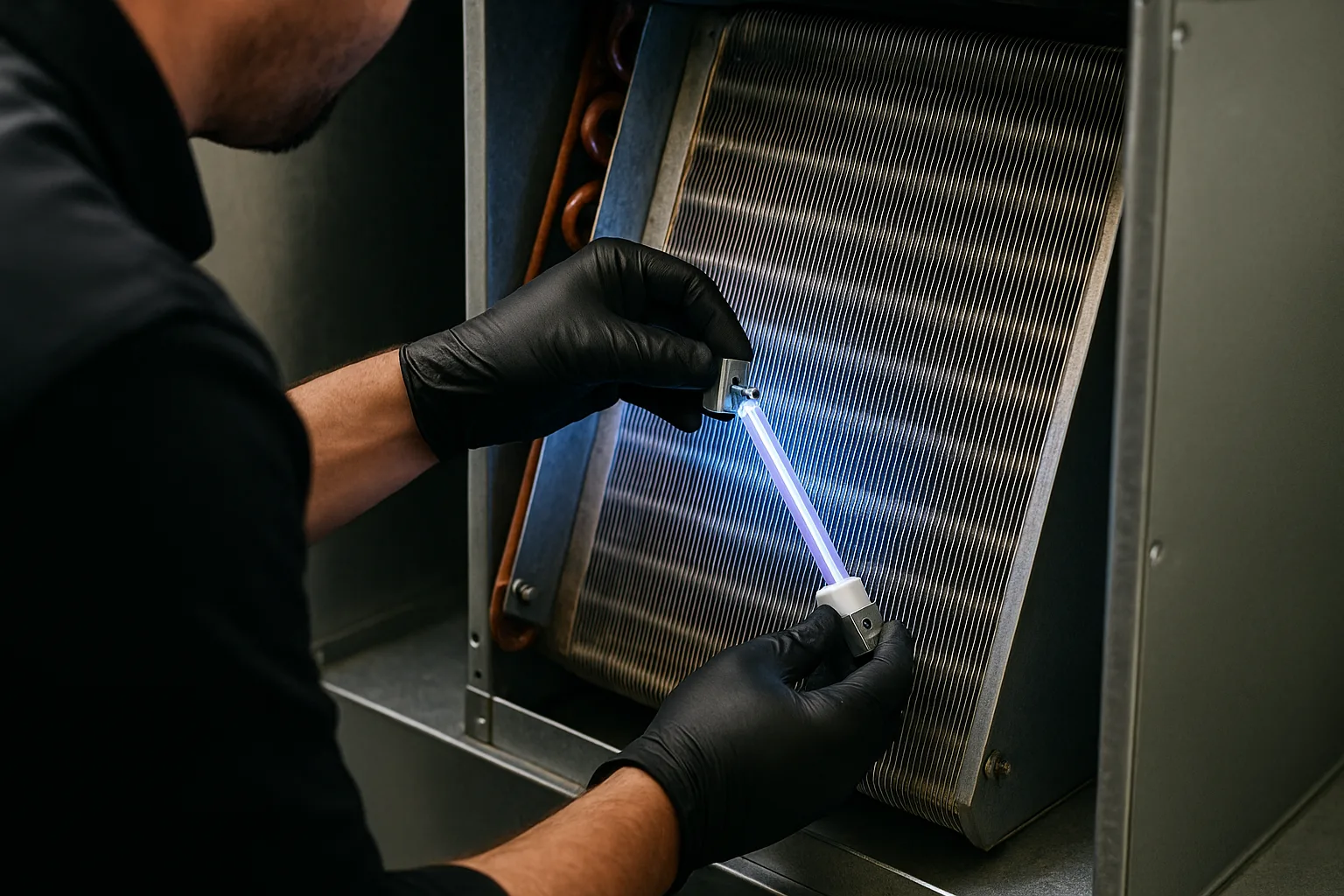 A technician in black gloves mounting a glowing germicidal UV lamp on its bracket beside the aluminium evaporator coil inside a home air handler | Precision Air
