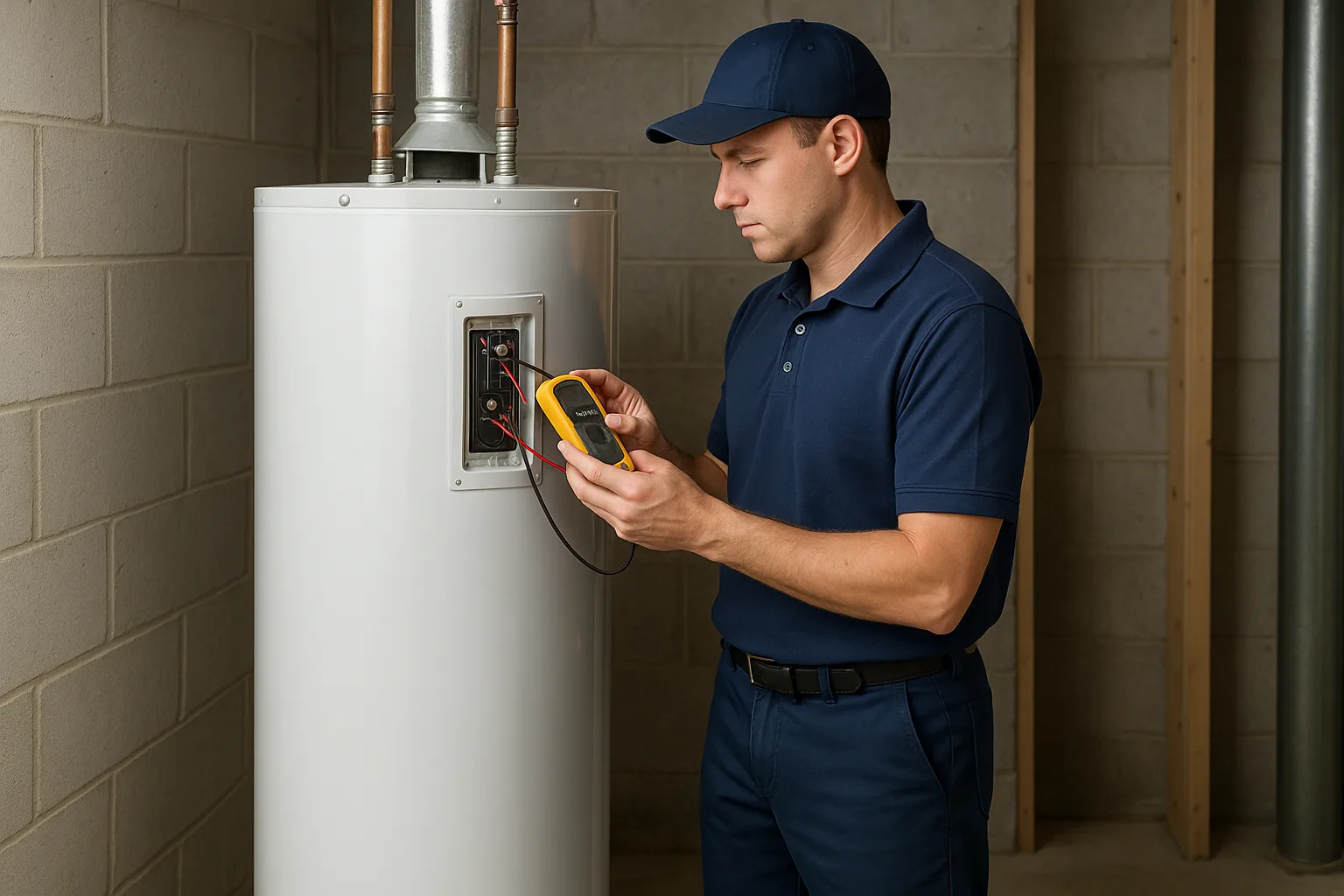 Precision Air technician testing the upper thermostat of an electric tank water heater with a multimeter in a Chester County basement