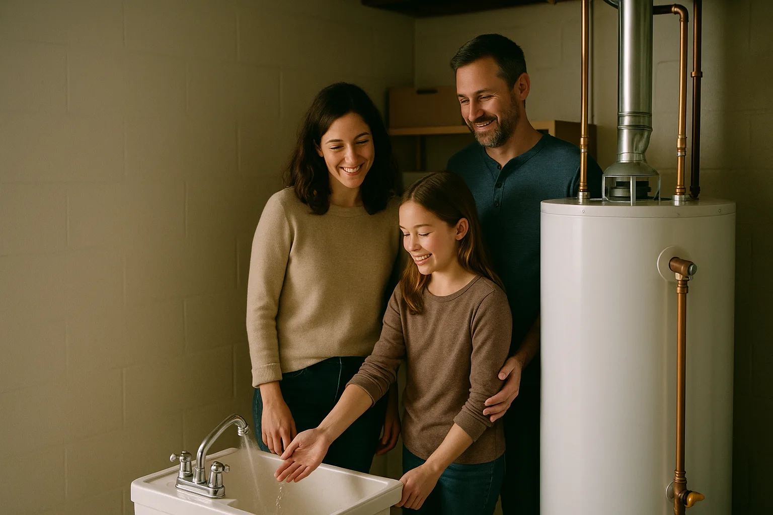 A Chester County family smiling beside a newly installed gas tank water heater with new copper water lines and a vent pipe in their basement | Precision Air