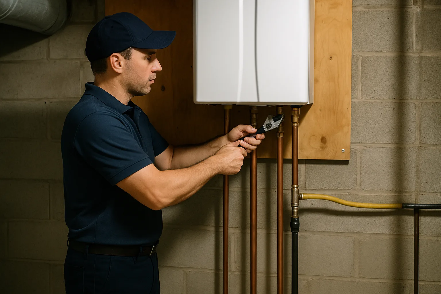 Precision Air technician tightening a new copper water connection under a wall-mounted gas tankless water heater in a Chester County basement